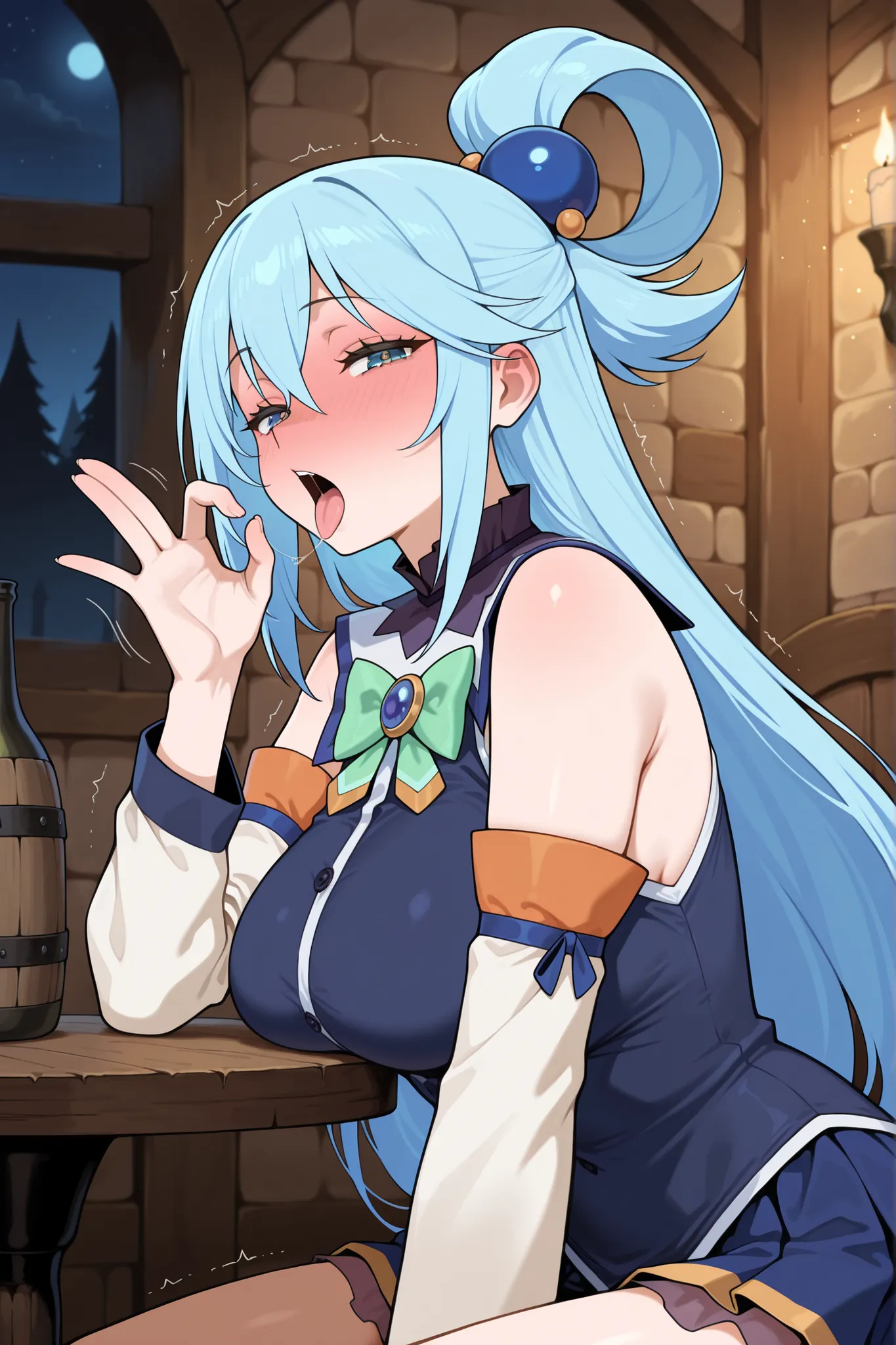 masterpiece, best quality, amazing quality, absurdres, highres,anime screencap, 1girl, AEAquaDef, blue eyes, blue hair, single hair ring, hair ornament, green bow, blue shirt, sleeveless, detached sleeves, White sleeves, curvy,large breasts,  drunk,Traven,...