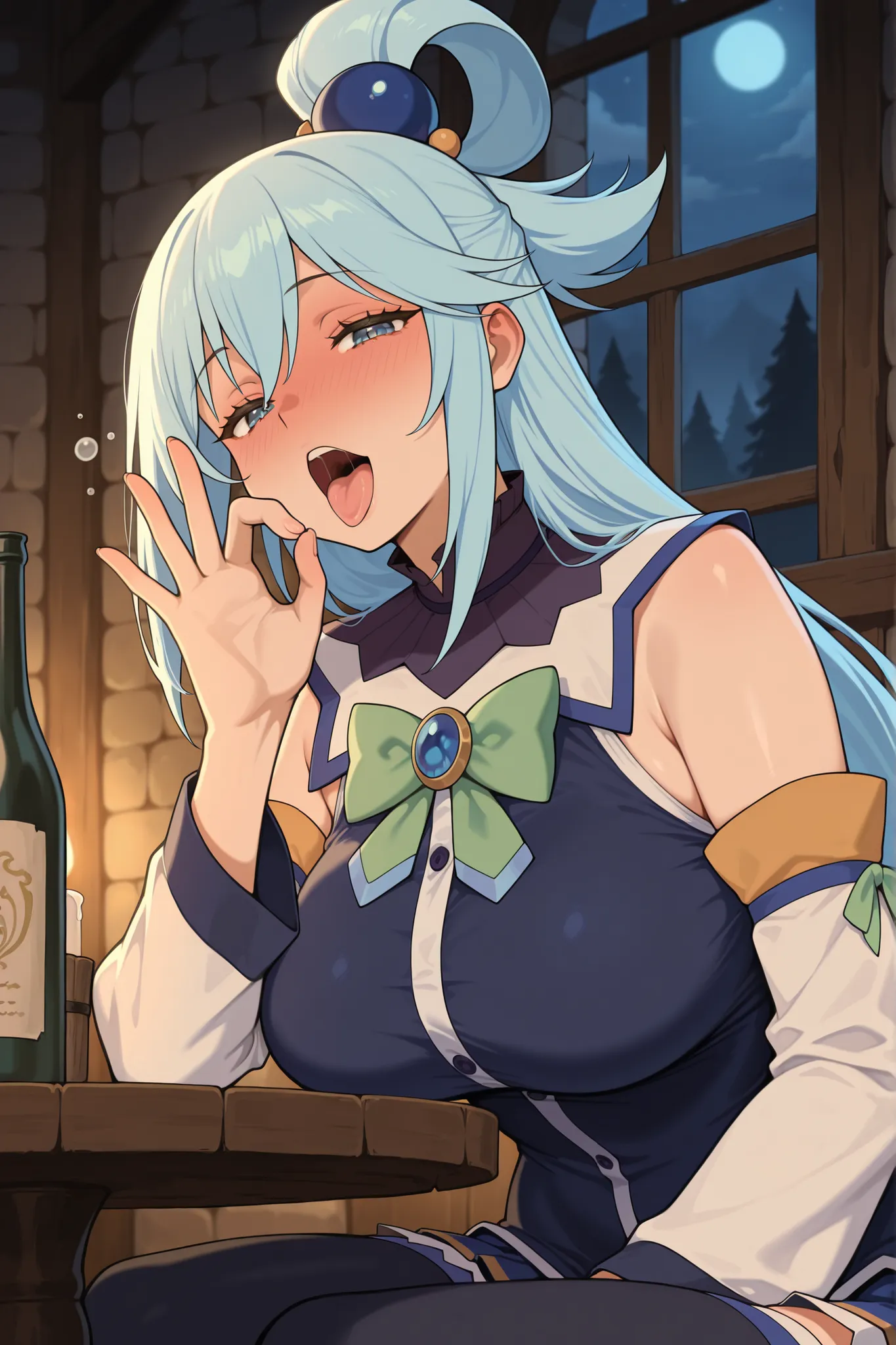 masterpiece, best quality, amazing quality, absurdres, highres,anime screencap, 1girl, AEAquaDef, blue eyes, blue hair, single hair ring, hair ornament, green bow, blue shirt, sleeveless, detached sleeves, White sleeves, curvy,large breasts,  drunk,Traven,...