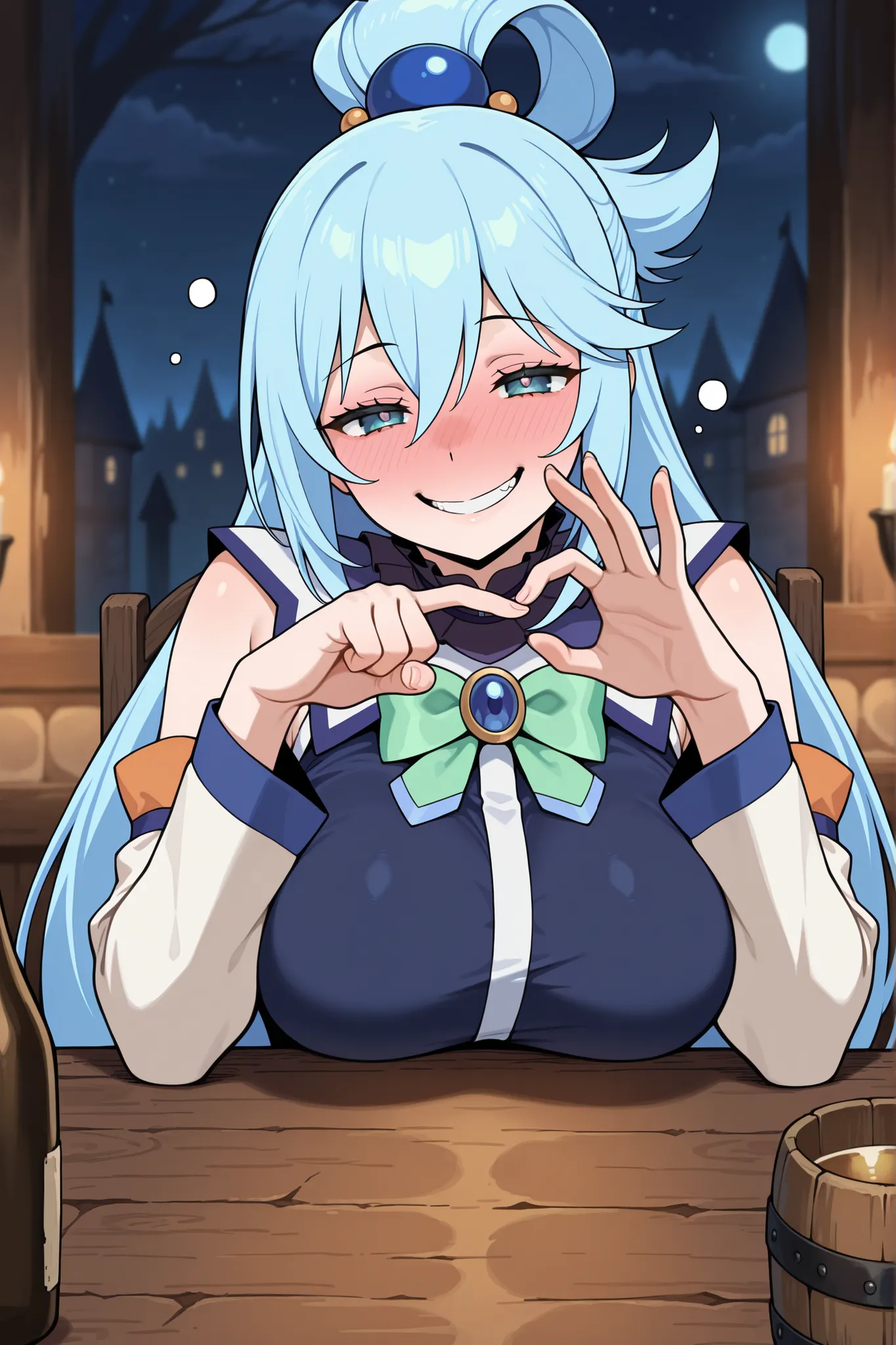 masterpiece, best quality, amazing quality, absurdres, highres,anime screencap, 1girl, AEAquaDef, blue eyes, blue hair, single hair ring, hair ornament, green bow, blue shirt, sleeveless, detached sleeves, White sleeves, curvy,large breasts,  drunk,Traven,...