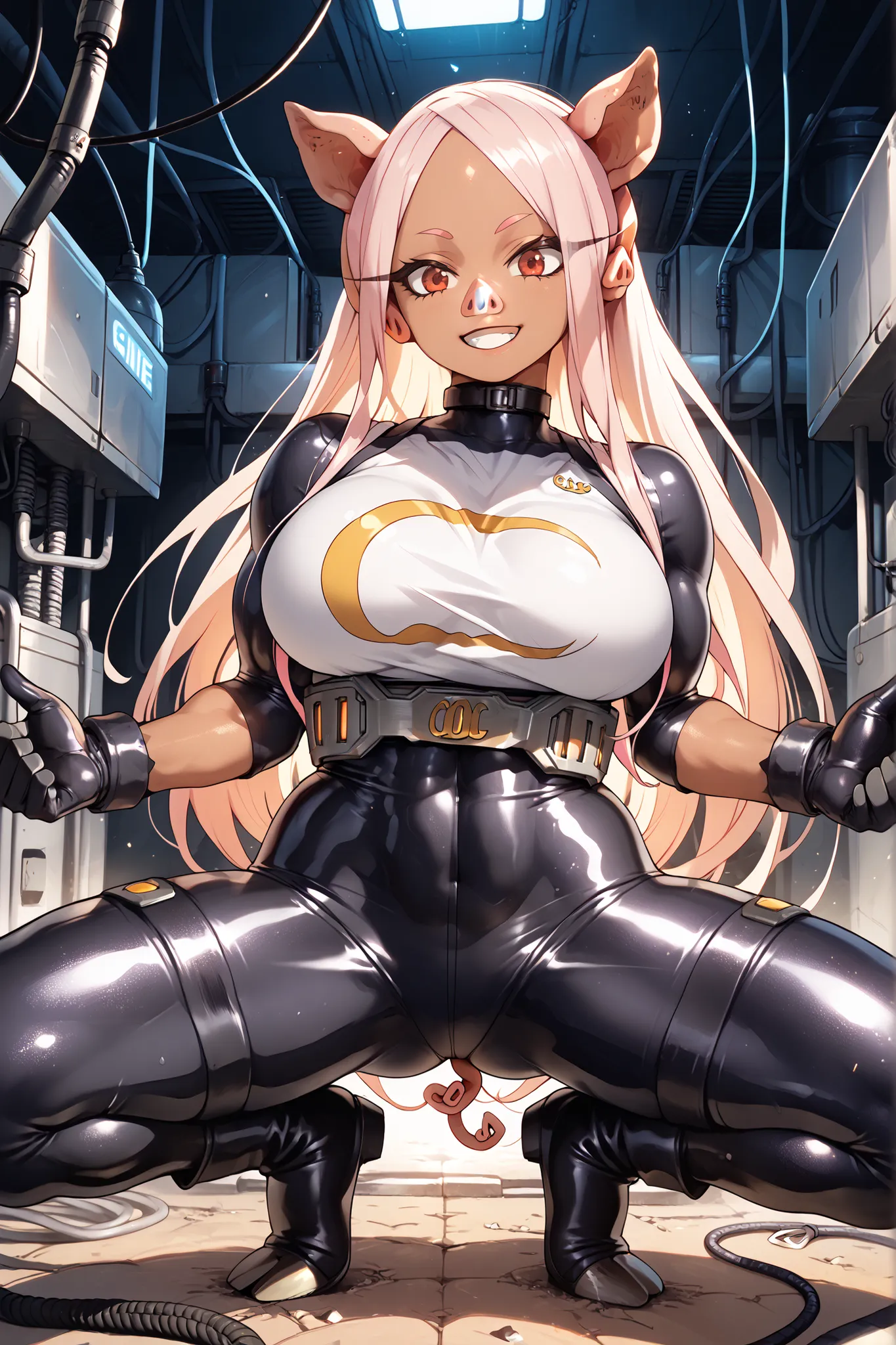 1 girl, whole body, tubes, wires, brainwashing,((1girl)),(((Black Rubber Bodysuit,big breasts))),brainwashed, combatant, ganimata,spread legs,
standing, 1girl, miruko,long hair, large breasts, red eyes, ((pig ears:1.8)), ((pig tail)), dark skin, dark-skinn...