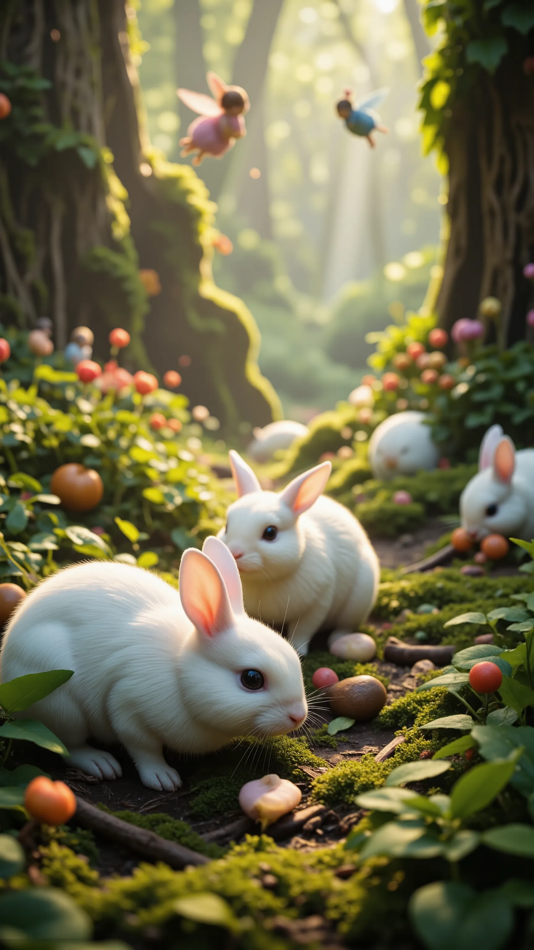 highdefinition images、White rabbits are deep in the woods、Eating food、in a beautiful forest where fairies seem to fly down