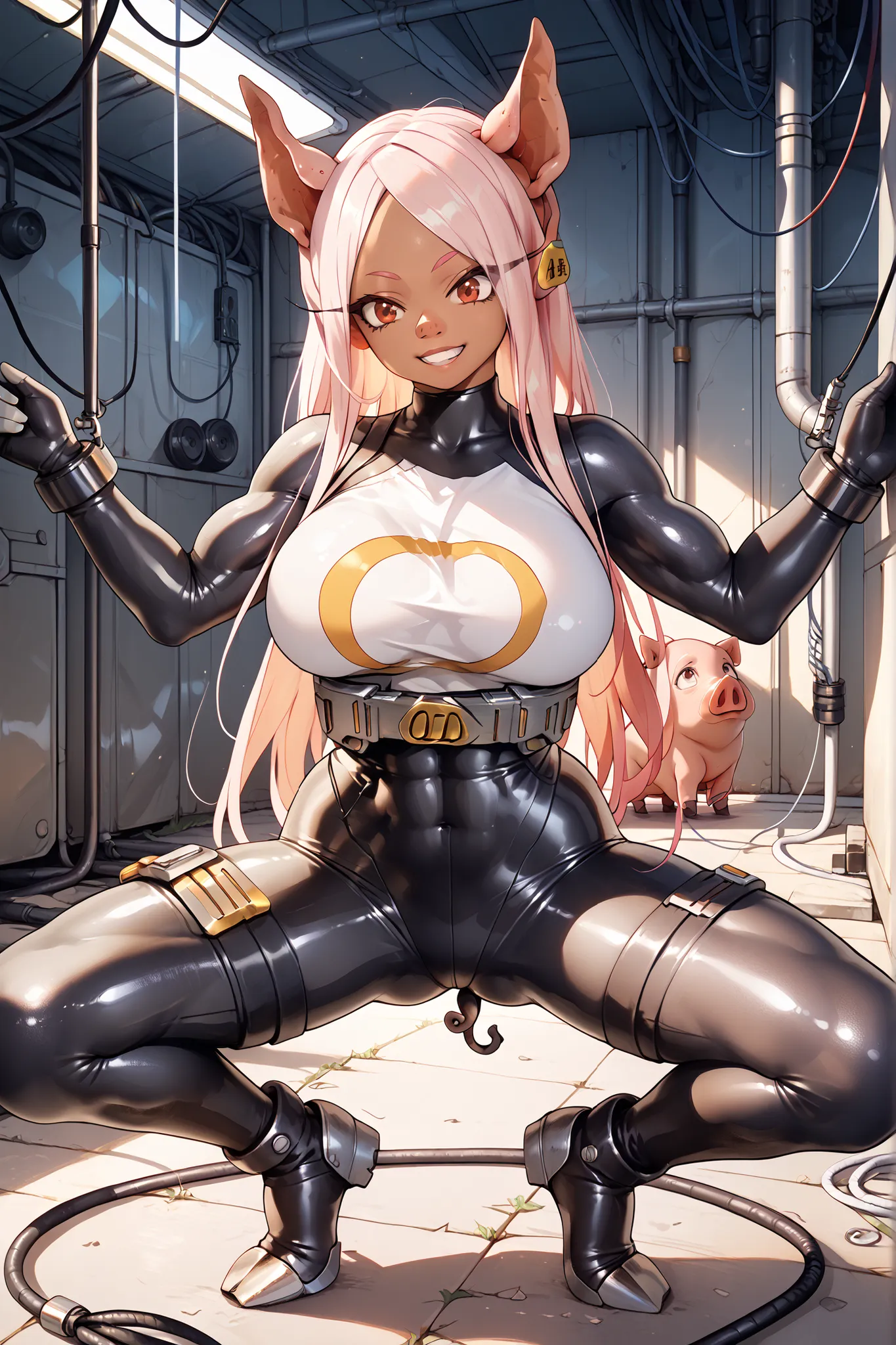 1 girl, whole body, tubes, wires, brainwashing,((1girl)),(((Black Rubber Bodysuit,big breasts))),brainwashed, combatant, ganimata,spread legs,
standing, 1girl, miruko,long hair, large breasts, red eyes, ((pig ears:1.8)), ((pig tail)), dark skin, dark-skinn...