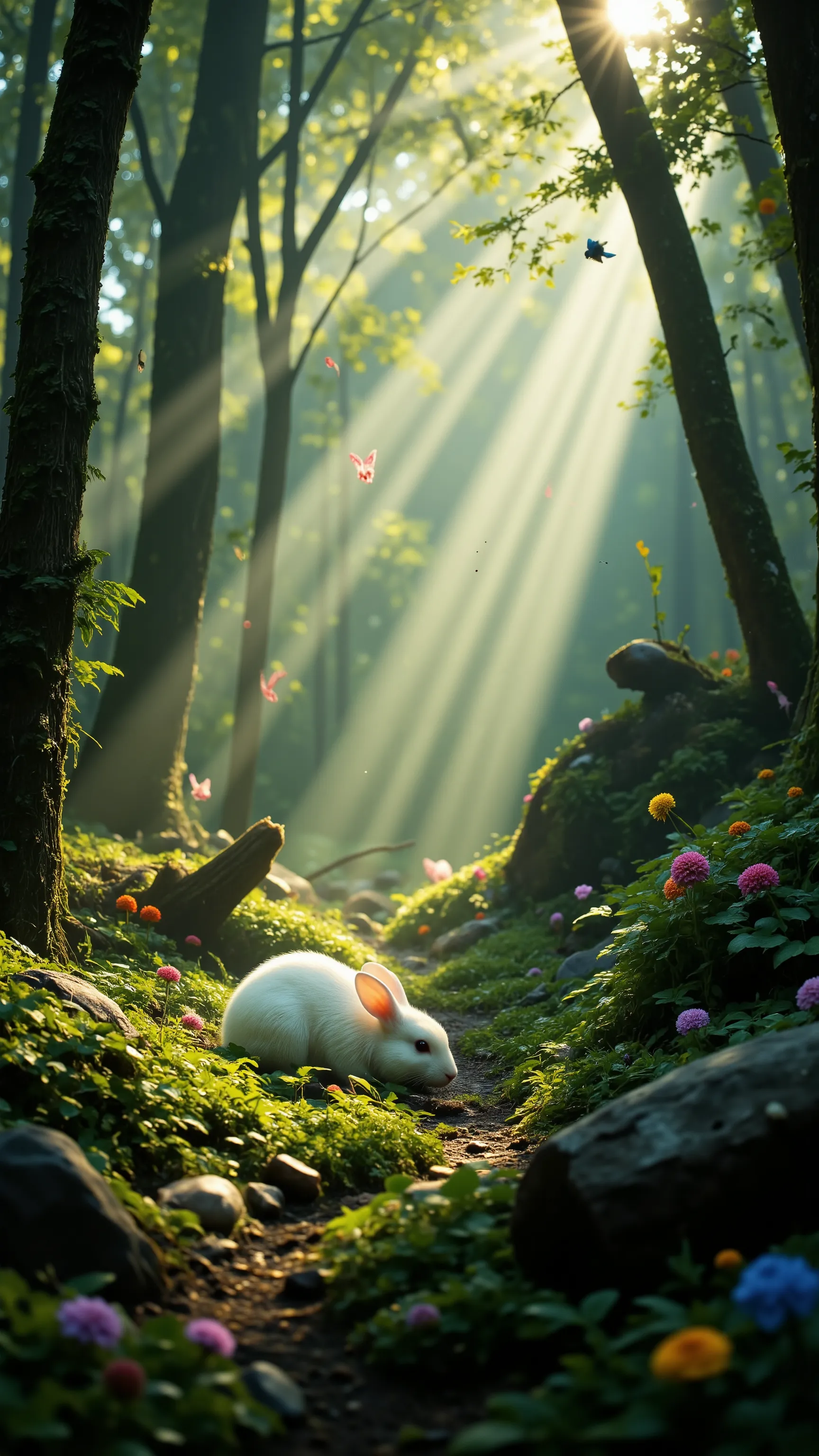 highdefinition images、１匹White rabbits are deep in the woods、Eating food、in a beautiful forest where fairies seem to fly down朝の木漏れ日が薄く差し込む