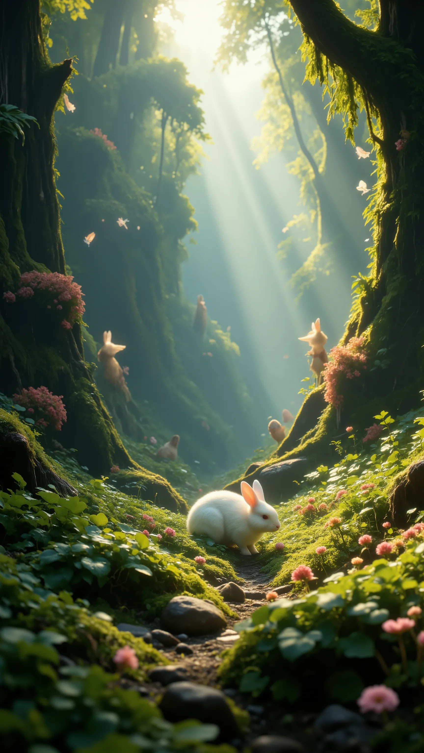 highdefinition images、１匹White rabbits are deep in the woods、Eating food、in a beautiful forest where fairies seem to fly down朝の木漏れ日が薄く差し込む