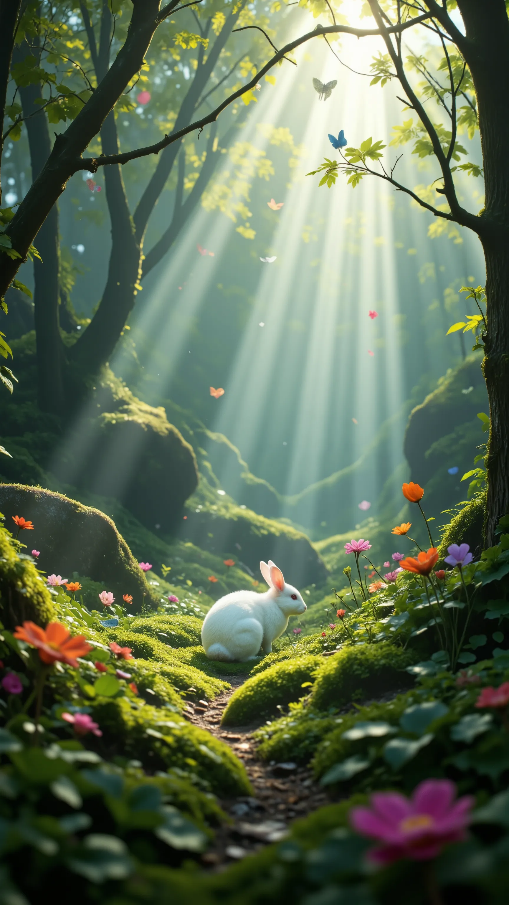 highdefinition images、１匹White rabbits are deep in the woods、Eating food、in a beautiful forest where fairies seem to fly down朝の木漏れ日が薄く差し込む