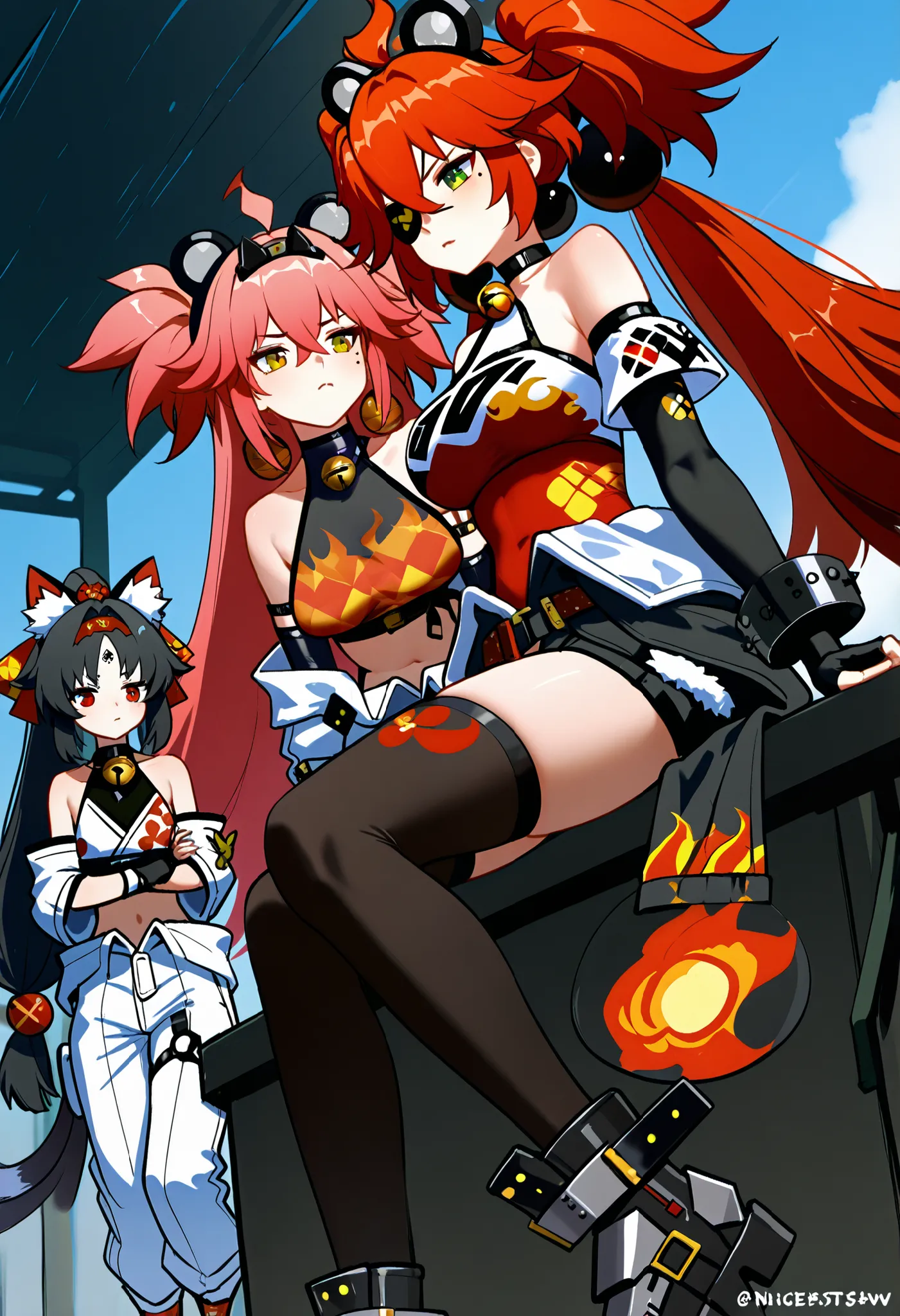 3 kız,   solda, koleda belobog, eyepatch, red eyes, red hair, twintails, fake animal ears, flame print, midriff, white jumpsuit, jumpsuit around waist, fingerless gloves,,,.           Ortada,  NICOLENSFW, GREEN EYES, PINK HAIR, LONG HAIR, TWO SIDE UP, LARG...