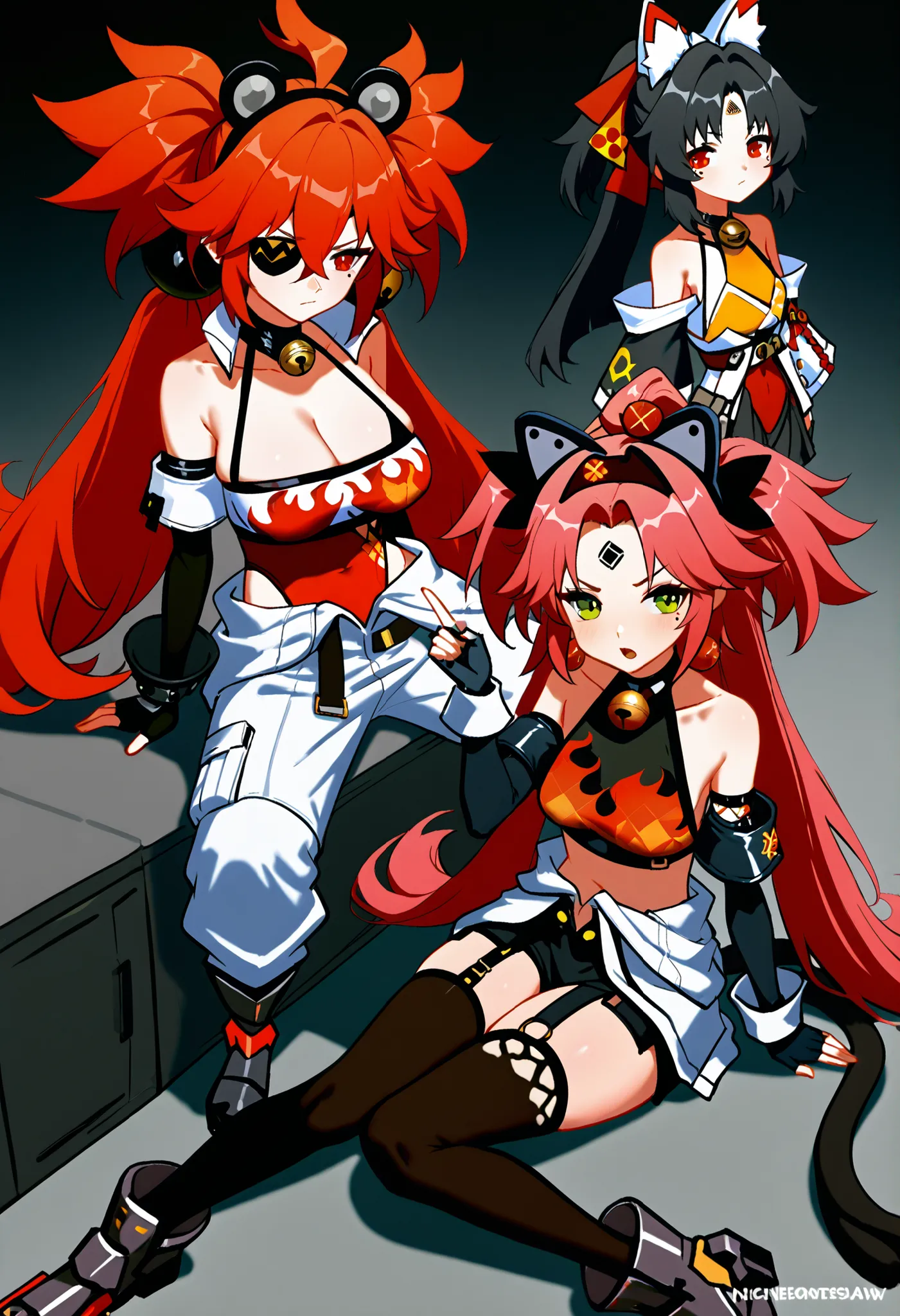 3 kız,   solda, koleda belobog, eyepatch, red eyes, red hair, twintails, fake animal ears, flame print, midriff, white jumpsuit, jumpsuit around waist, fingerless gloves,,,.           Ortada,  NICOLENSFW, GREEN EYES, PINK HAIR, LONG HAIR, TWO SIDE UP, LARG...