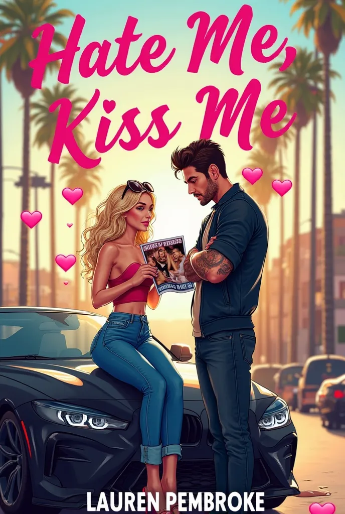 A bold, sexy, illustrated romantic comedy book cover for “Hate Me, Kiss Me” by LAUREN PEMBROKE.

In the scene, a stunning blonde Hollywood actress (mid-20s, flirty smile, glamorous, effortlessly confident) sits on the hood of a sleek black sports car. She wears a crop top and high-waisted jeans, with sunglasses perched on her head. She’s holding a fake tabloid magazine showing a kiss between her and the hero—her expression is playful and teasing, as if she’s in on a joke.

In front of her stands an extremely handsome young adult male—a tall, broad-shouldered, muscular hockey player with a clean, striking, model-level look. His dark hair is styled with natural volume (not side-parted), and his face has a sharp jawline, intense eyes, and a virile yet youthful expression. He wears a fitted team jacket with rolled-up sleeves, showing off tattoos peeking from underneath. His arms are crossed and jaw clenched in frustration—but his body leans subtly toward her, betraying a magnetic pull.

He holds a hockey stick casually in one hand or has it leaning beside him. At her feet, a spilled iced coffee on the pavement hints he may have kicked it in irritation. The chemistry between them is electric—his glare says “I hate this,” but the tension says otherwise.

Background: A sunny Los Angeles street, lined with palm trees, the faint Hollywood sign in the distance, and paparazzi shadows approaching from the sides.

Vibe: flirty enemies-to-lovers tension, fake relationship chaos, instant attraction.

Color palette: bold hot pinks, warm golden hues, and deep navy blues for a stylish romantic-comedy contrast.

Extra visual elements: Add floating or scattered pink heart icons around the title or subtly placed in the background (near the couple, around the magazine, or above them) to enhance the romantic, cheeky tone.

Typography:

Title: Hate Me, Kiss Me in large, elegant yet playful script across the top or center in hot pink or metallic gold.

Author name: LAUREN PEMBROKE in bold, 