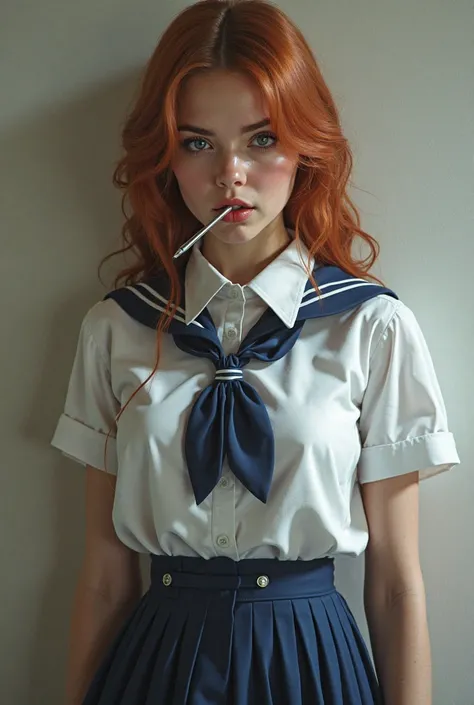 Katarzyna Glinka in a schoolgirl costume with a long pen in her mouth