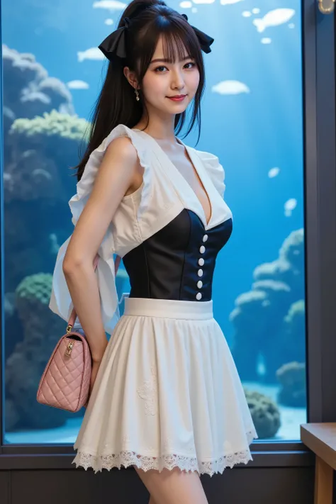 slender woman with firm, fully packed large breasts creating wide, deep, and boldly emphasized cleavage, wearing a crisp white maid-inspired dress with a fitted corset bodice featuring black lattice paneling over her midriff and delicate lace trim along th...