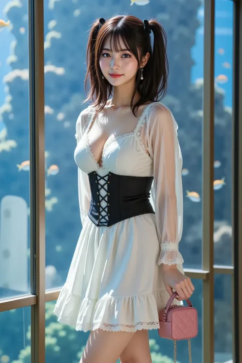 slender woman with firm, fully packed large breasts creating wide, deep, and boldly emphasized cleavage, wearing a crisp white maid-inspired dress with a fitted corset bodice featuring black lattice paneling over her midriff and delicate lace trim along th...