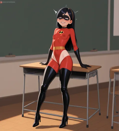 masterpiece, high quality, 1girl, violetparr, black hair, long hair, blue eyes, purple eyes, hairband, long gloves, black eye mask, boot, thighhighs, thigh boots, high heels, lifting up top, naughty girl, sexual teasing expression, nervous, emotes, no sock...