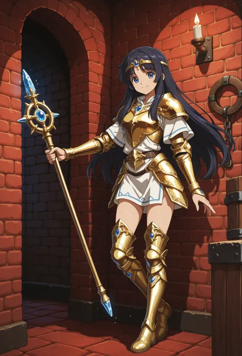 A maiden with dark hair wearing a short white tunic, thigh-high hide boots and circlet, holding a short rod with a blue crystal tip, smiling, inside a red brick dungeon, wearing ornate golden armor, in full view in a highly detailed anime style