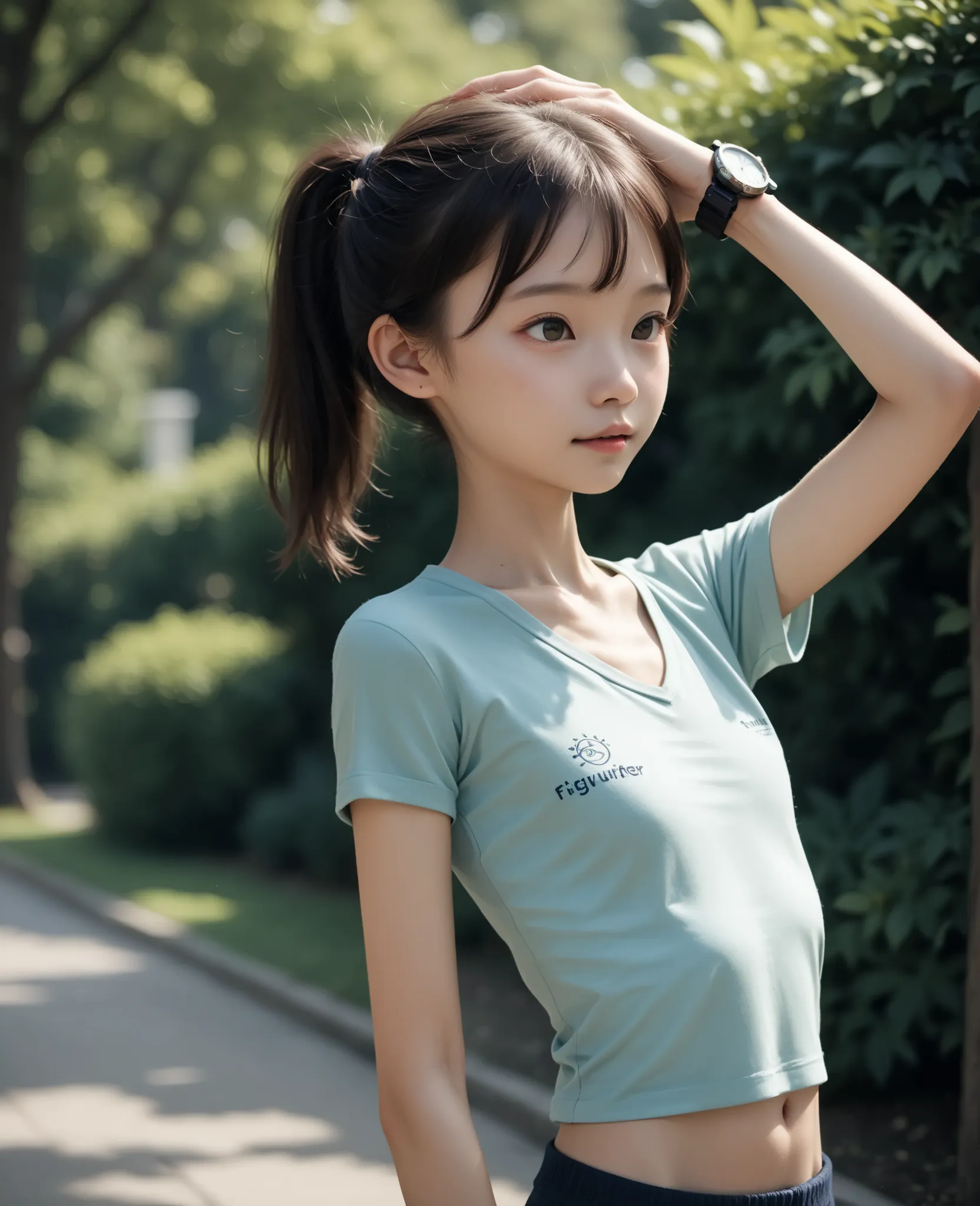 young cute girl、wearing a long short-sleeved t-shirt、 armpit with s ,Side shot at the park、Watch Viewers,(smile:0.07), (younger:0.67),(skinny:1.29),Japanese,(big breasts:0.77),( chest flyer:1.5)