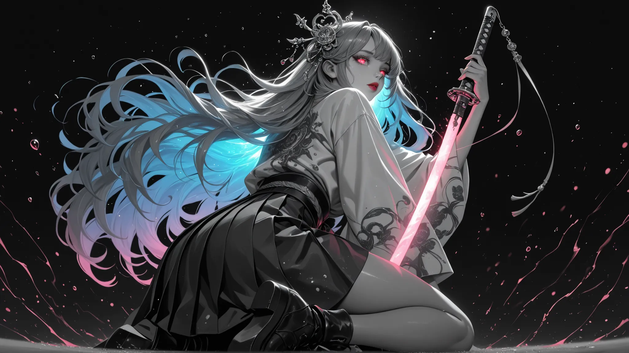 Girl, light jacket, neon color, glossy, glow, shine, She poses playfully on one knee, reaching out with one hand , skirts, more detail, intricate, view from below, back view, Woman, night, dark color pallette, holding extra long katana, shining katana, ilu...