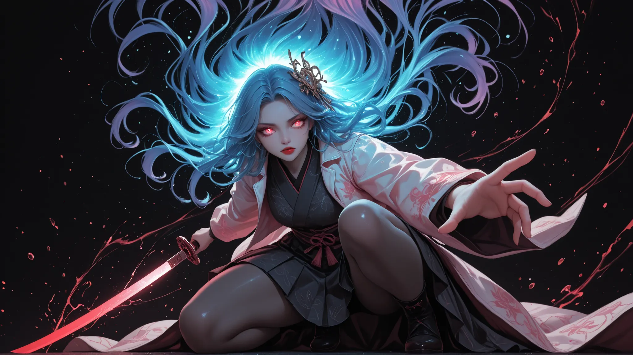 Girl, light jacket, neon color, glossy, glow, shine, She poses playfully on one knee, reaching out with one hand , skirts, more detail, intricate, view from below, back view, Woman, night, dark color pallette, holding extra long katana, shining katana, ilu...