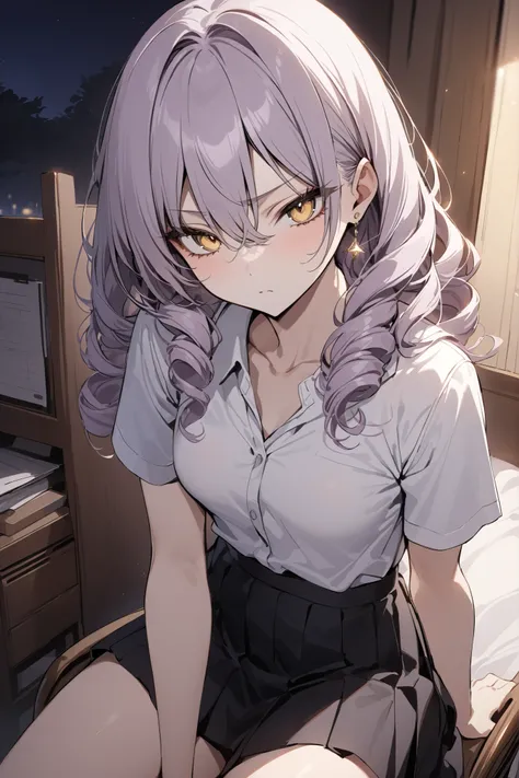 ((masterpiece,Highest Quality:1.2)),(soro),night,Slender, slender high school girl sitting on a chair in her room, light purple long curly hair ,Perfect yellow eyes, tree eyes ,serious expressionless,white school short sleeve blouse,(Black Pleated Skirt),G...