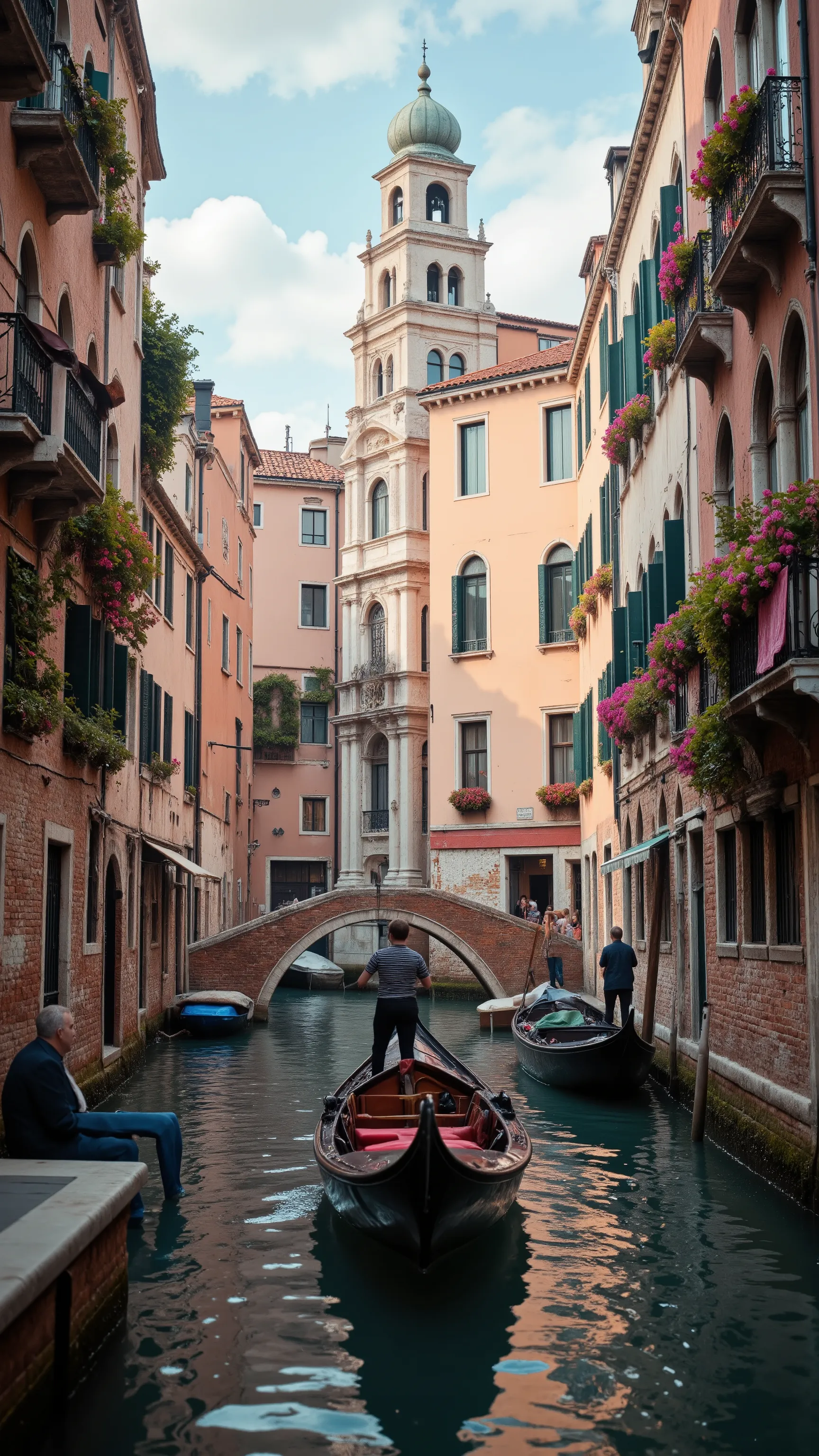 highdefinition images、Venice in the flower season、Have a great time riding a gondola through the colorful and beautiful cityscape、The cityscape from a gondola perspective。