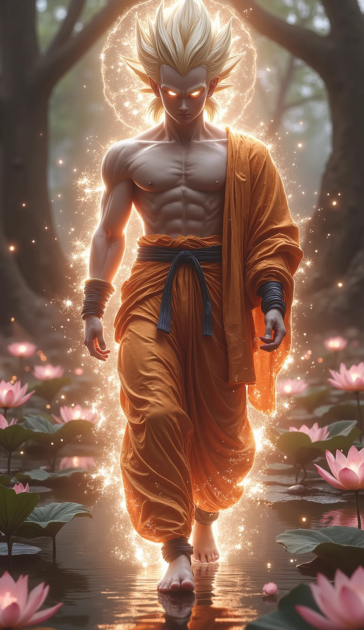 Buddhism
Goku portrayed as a serene, meditative figure walking barefoot on a lotus-filled lake. His muscular body is lightly draped in saffron robes, with the Ultra Instinct glow embodying enlightenment. A soft golden light surrounds him, and the scene is ...