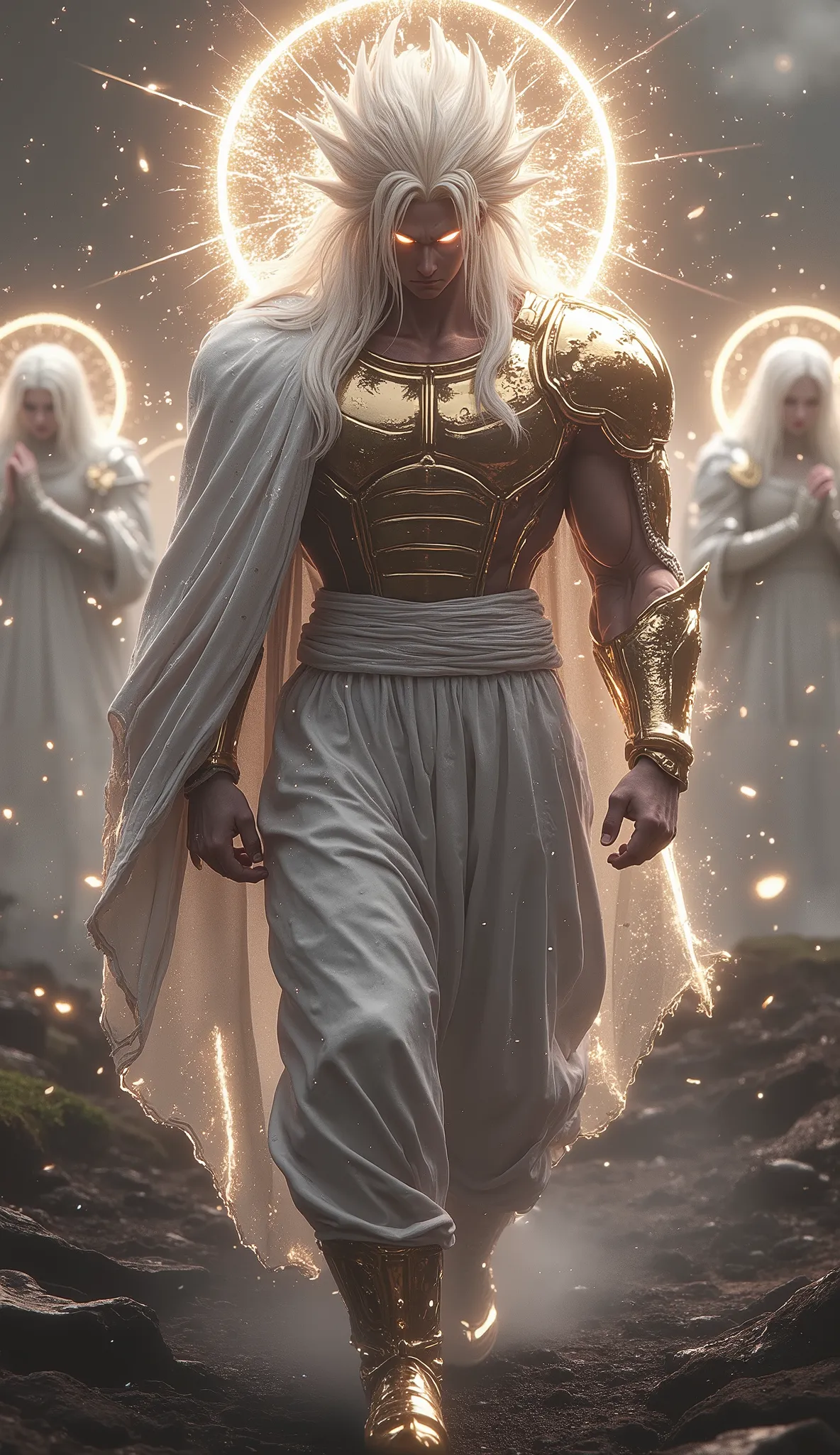 Christianity
Goku depicted as a savior figure, wearing a flowing white robe interwoven with Saiyan battle armor. A golden halo illuminates his head as he walks across a misty countryside, carrying an aura of protection. The sky is filled with angelic figur...