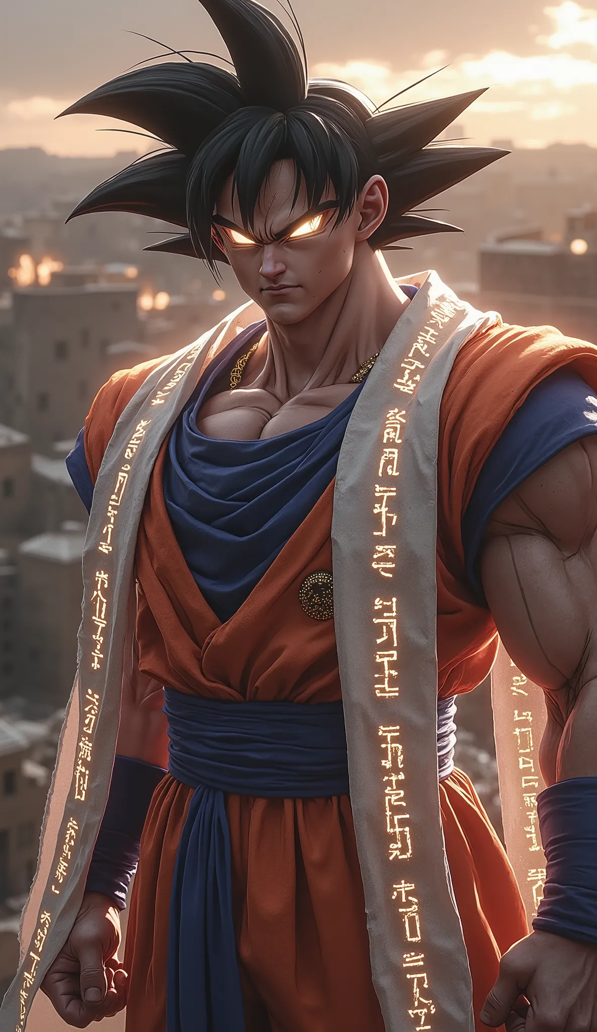 Judaism
Goku depicted with a traditional tallit (prayer shawl) integrated into his outfit, standing near an ancient walled city resembling Jerusalem. He carries an aura of wisdom and strength, with inscriptions of Hebrew blessings glowing subtly on his mus...