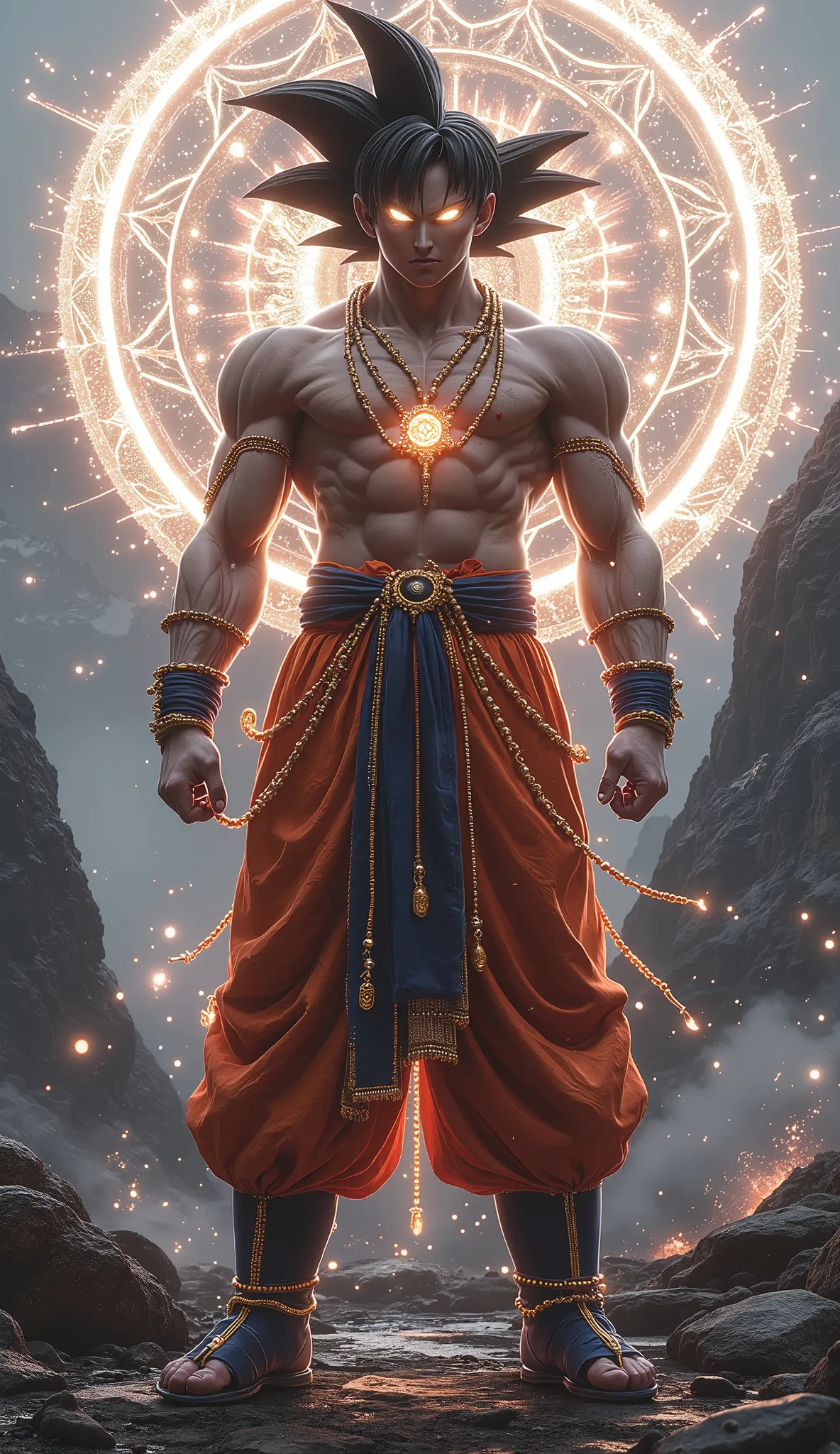 Hinduism
Giant Goku standing in a serene Himalayan valley, wearing traditional dhoti-like attire infused with Saiyan armor designs, adorned with sacred threads, rudraksha beads, and glowing mandalas behind him, symbolizing cosmic energy. He radiates a divi...