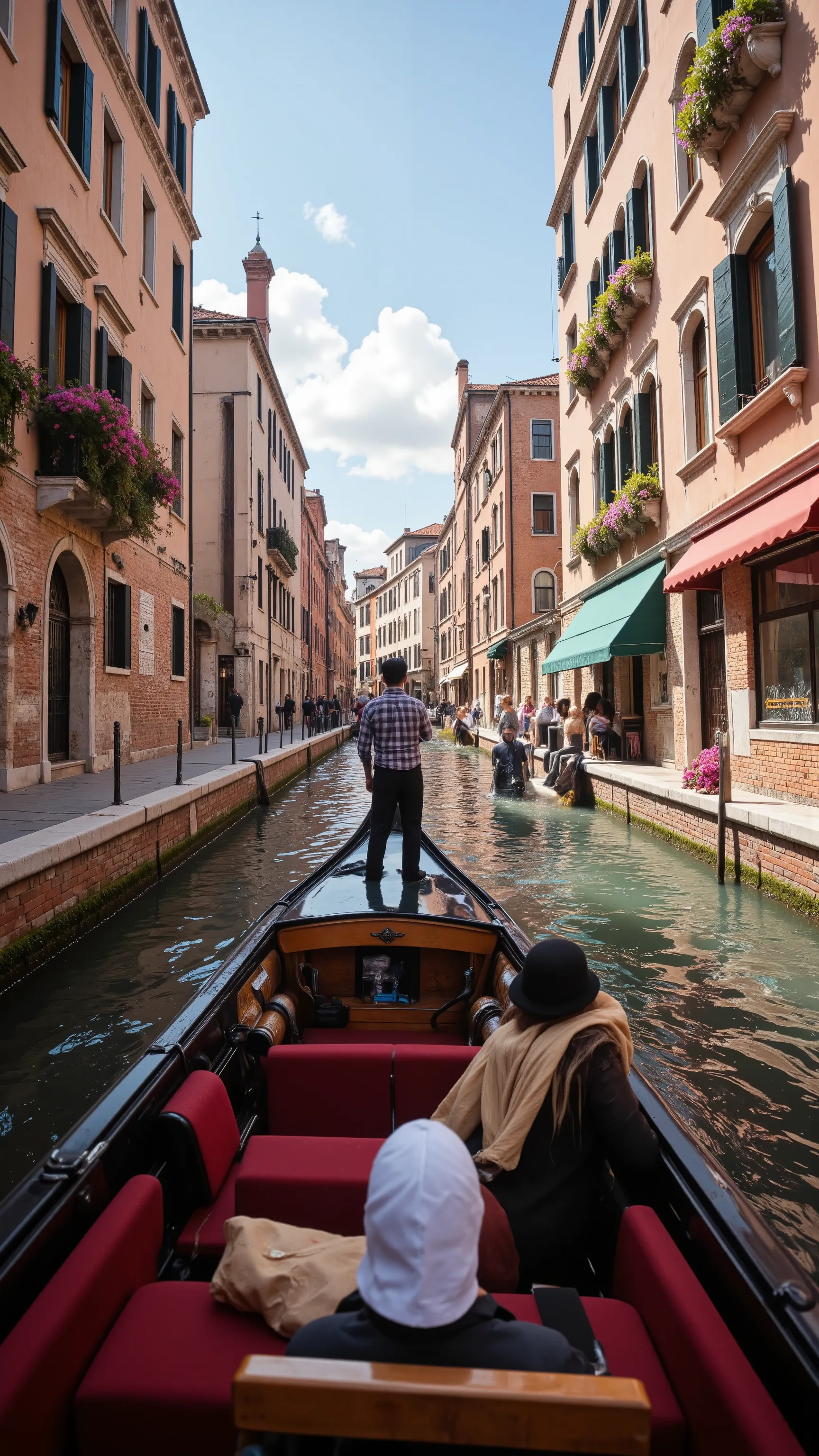 highdefinition images、Venice in the flower season、Have a great time riding a gondola through the colorful and beautiful cityscape、The cityscape from a gondola perspective。