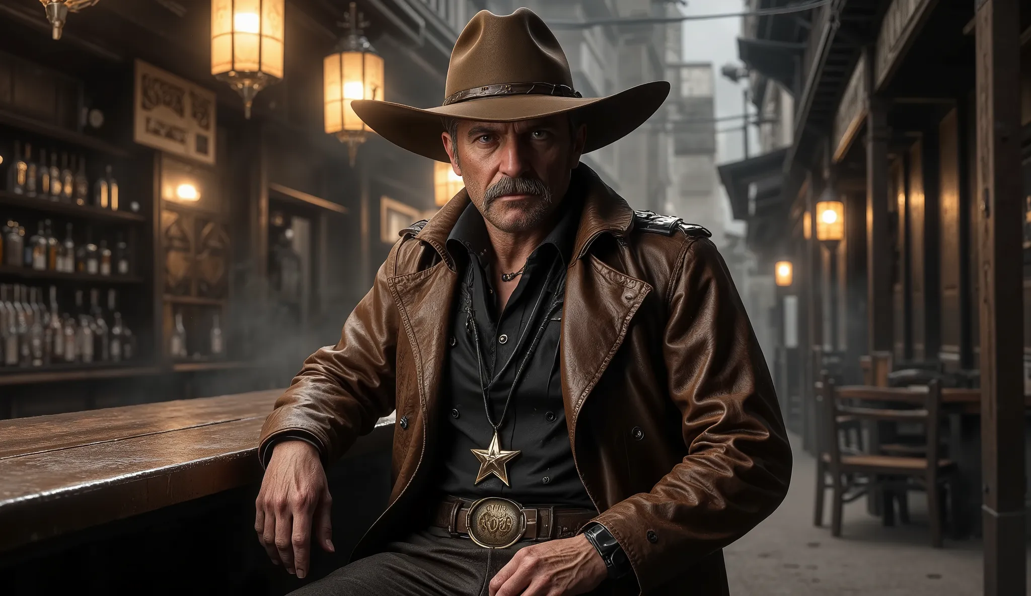 Ultra-realistic cinematic portrait of Dalton Cross, a sheriff of the Old West, sitting at the bar of a Western saloon, dimly lit and smoky, with a serious expression and looking straight ahead, ((wearing a wide-brimmed brown cowboy hat)), a well-tailored b...