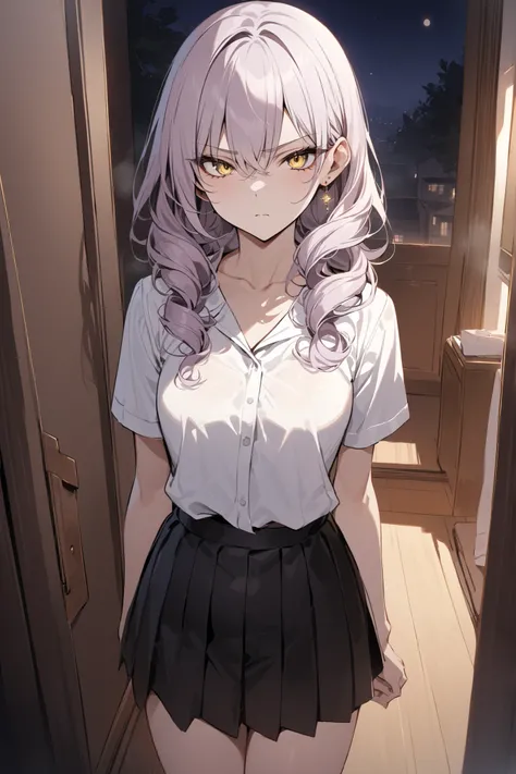 ((masterpiece,Highest Quality:1.2)),(soro),night,Slender, slender high school girl standing in her room, light purple long curly hair ,Perfect yellow eyes, tree eyes ,serious expressionless,white school short sleeve blouse,(Black Pleated Skirt),Gold Earrin...