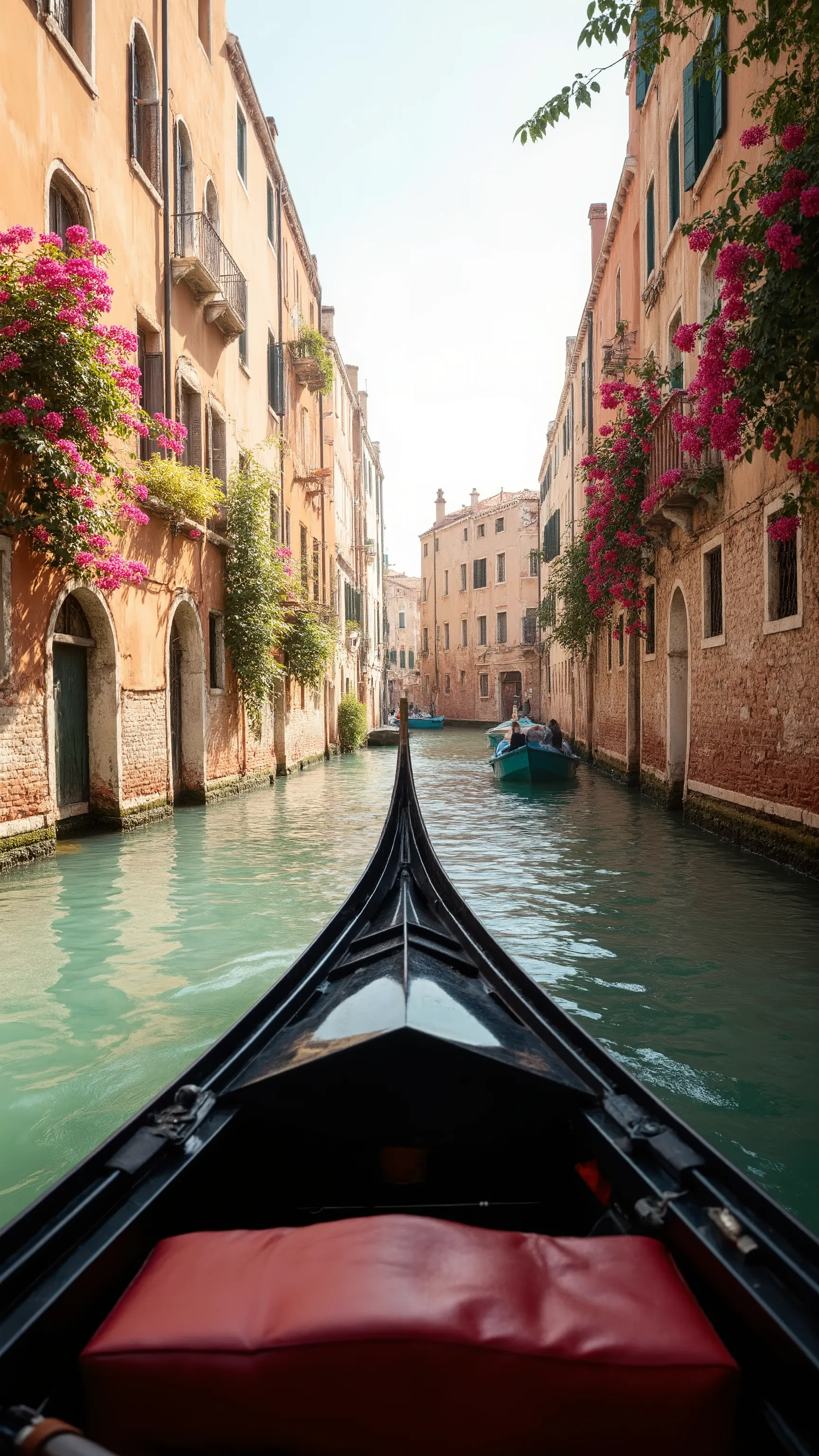 highdefinition images、Venice in the flower season、Have a great time riding a gondola through the colorful and beautiful cityscape、The cityscape from a gondola perspective、広い運河の場所