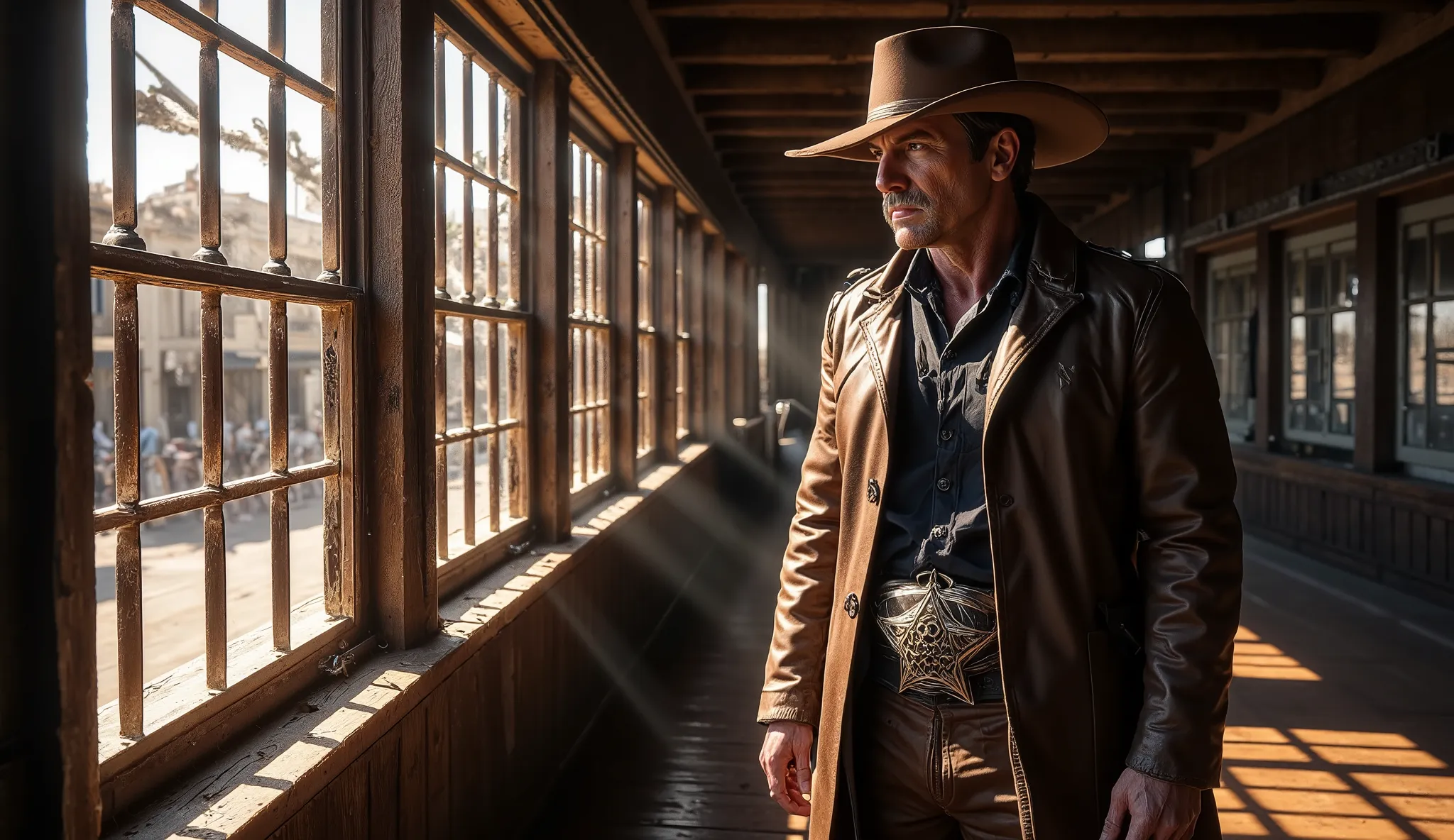 Ultra-realistic cinematic portrait of Dalton Cross, a sheriff of the Old West, standing by the window of a well-kept sheriff's office, with polished wooden floors, neatly organized desks, and metal bars casting shadows along the walls. He gazes out the win...