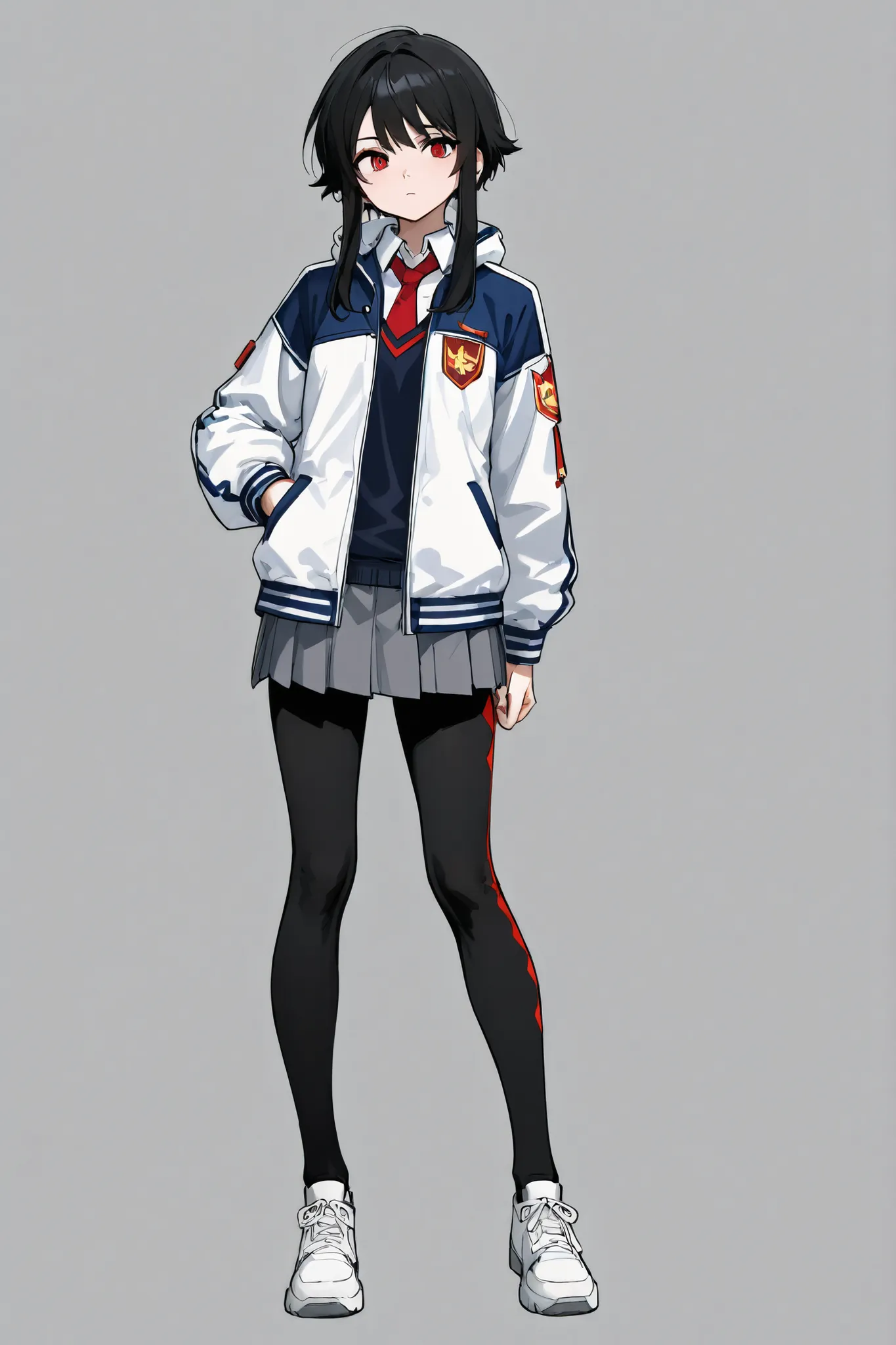 A beautiful girl with short black hair with long locks and fringe, Wearing a dark-colored techwear-style sci-fi school uniform from a battle academy with a college coat of arms, look attractive and calm, eyes in the color red. Concept art, full body, fundo...