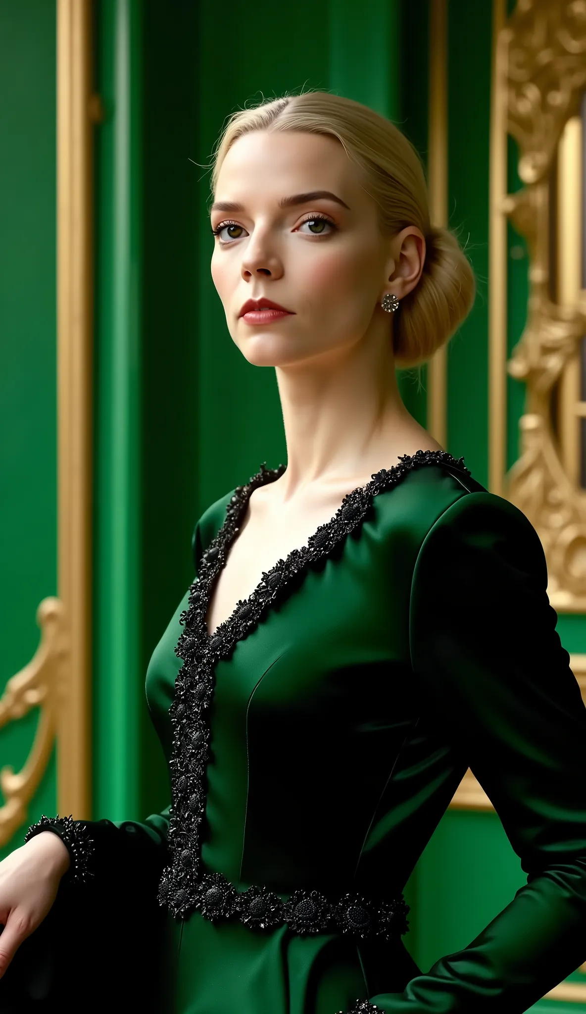 Make Scarlett Johansson hyper-realistic dressed in green with black details in a hyper-realistic green palace in 8k
