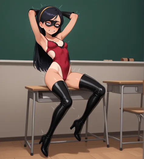 masterpiece, high quality, 1girl, violetparr, black hair, long hair, blue eyes, purple eyes, hairband, long gloves, black eye mask, boot, thighhighs, thigh boots, high heels, lifting up top, naughty girl, sexual teasing expression, nervous, emotes, no sock...