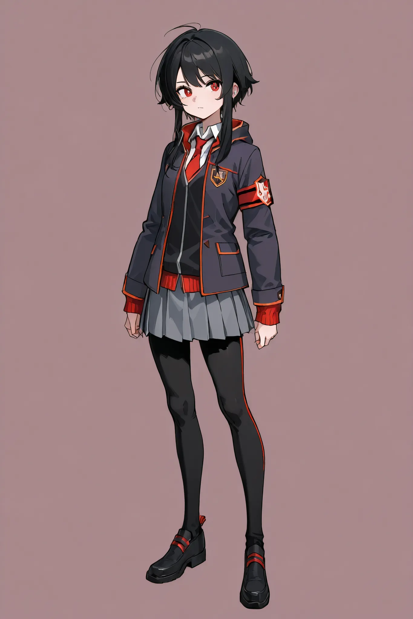 A beautiful girl with short black hair with long locks and fringe, Wearing a dark-colored techwear-style sci-fi school uniform from a battle academy with a college coat of arms, look attractive and calm, eyes in the color red. Concept art, full body, fundo...