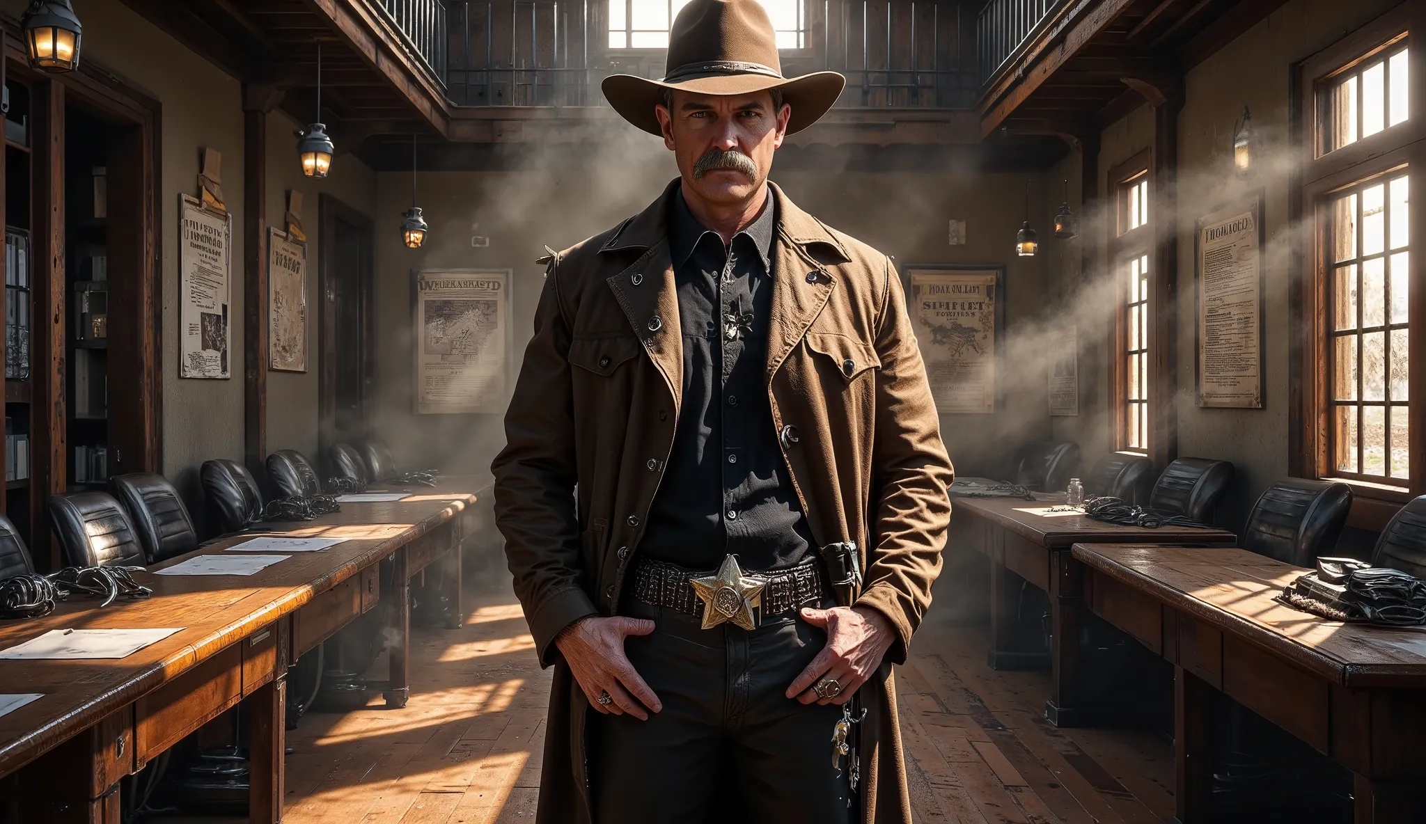 Ultra-realistic cinematic portrait of Dalton Cross, a distinguished Wild West sheriff, standing confidently inside a meticulously maintained sheriff's office. The room features polished hardwood floors that reflect the warm glow of sunlight streaming throu...