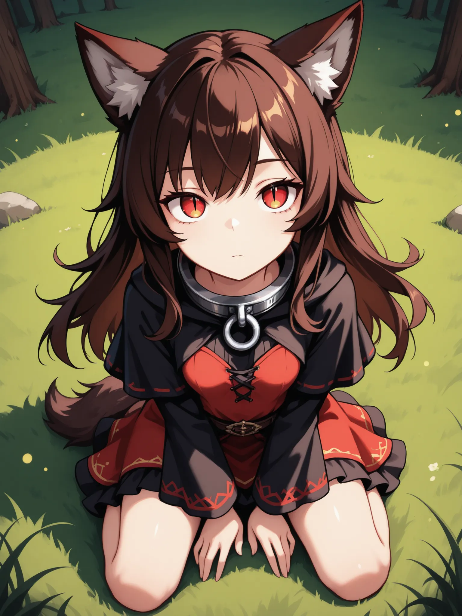 1girl, petite, wolf ears, long hair, dark brown hair, crimson eyes, slit pupils, emotionless gaze, simple fantasy clothing, metal collar, looking up at viwer, full body view, grass clearing background