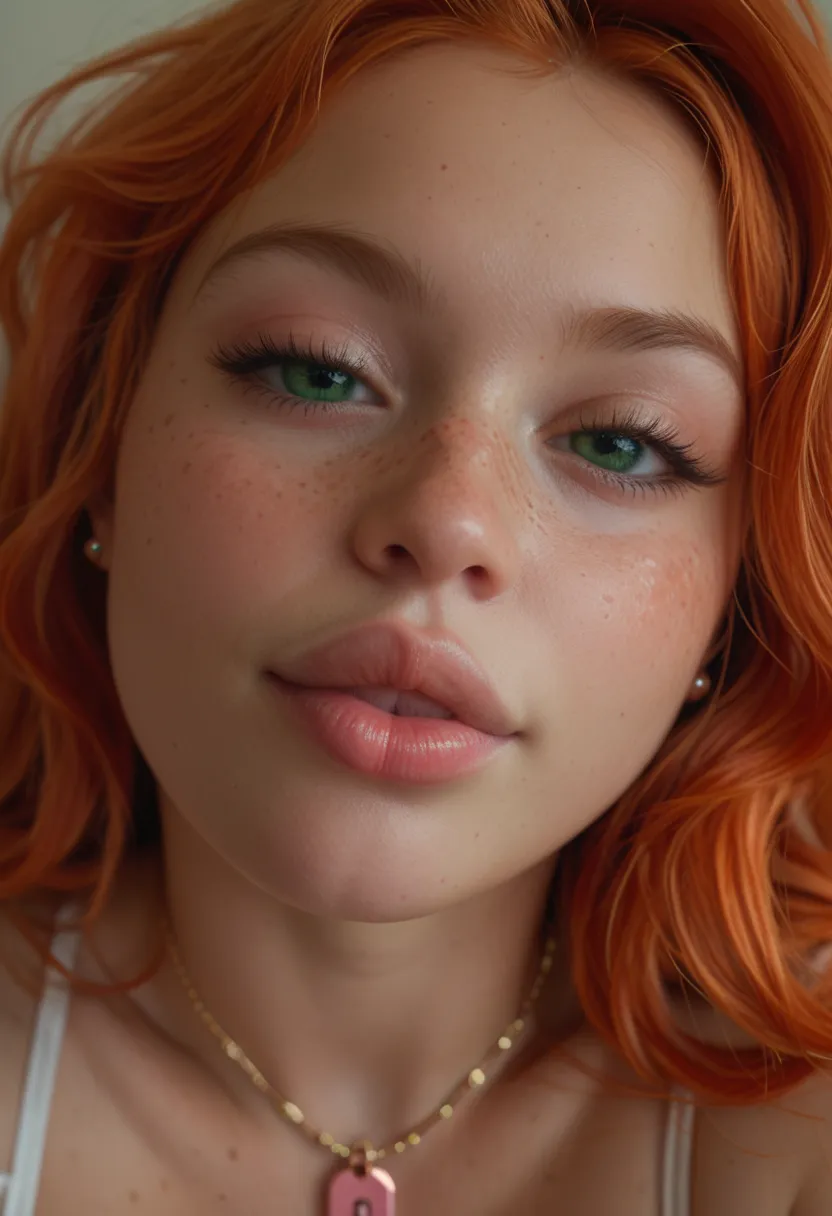 tiny ULTRA REALISTIC, cute girl, cute face, big green eyes, full lips, long orange red hair pink lock, skinny, huge breast, Extra huge ASS, thick thighs, pale skin, a lot of freckles, TINNY WAIST. Close-up face 