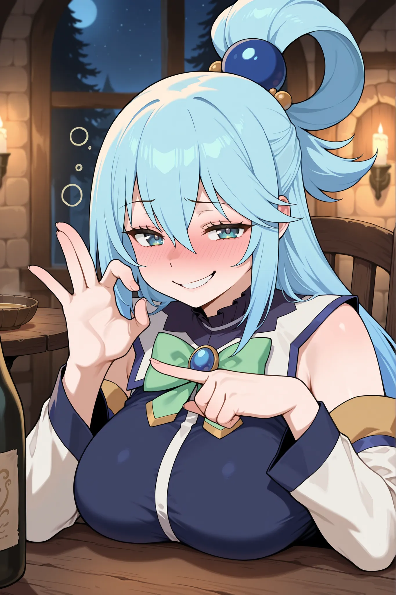 masterpiece, best quality, amazing quality, absurdres, highres,anime screencap, 1girl, AEAquaDef, blue eyes, blue hair, single hair ring, hair ornament, green bow, blue shirt, sleeveless, detached sleeves, White sleeves, curvy,large breasts,  drunk,Traven,...