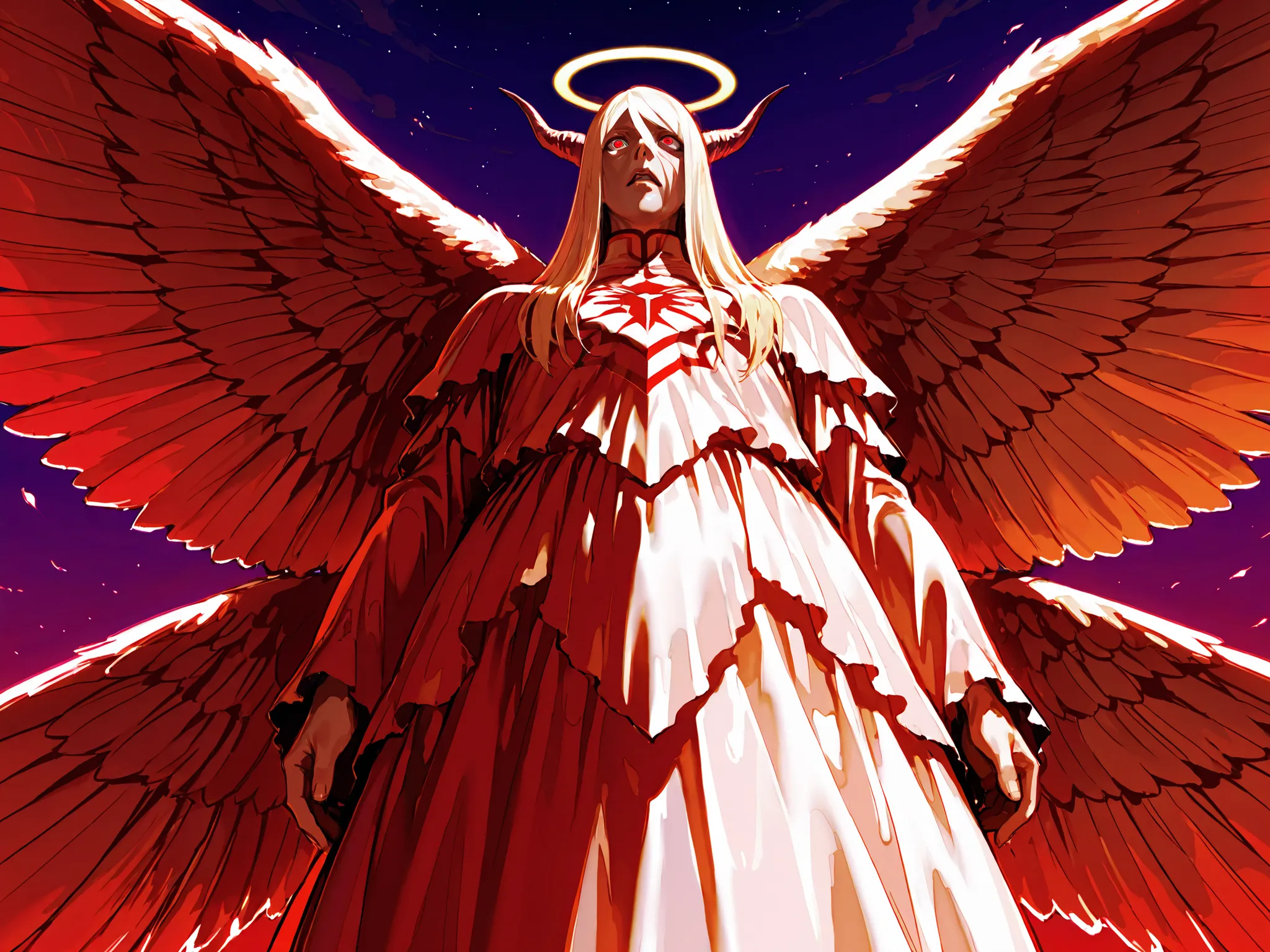 (Wings), (Giant pure white monster), (Very ugly), (Horns), (Shining red eyes), (Giant shining angel halo), (Descending from the sky), (Horror), (Divine), (Solo),