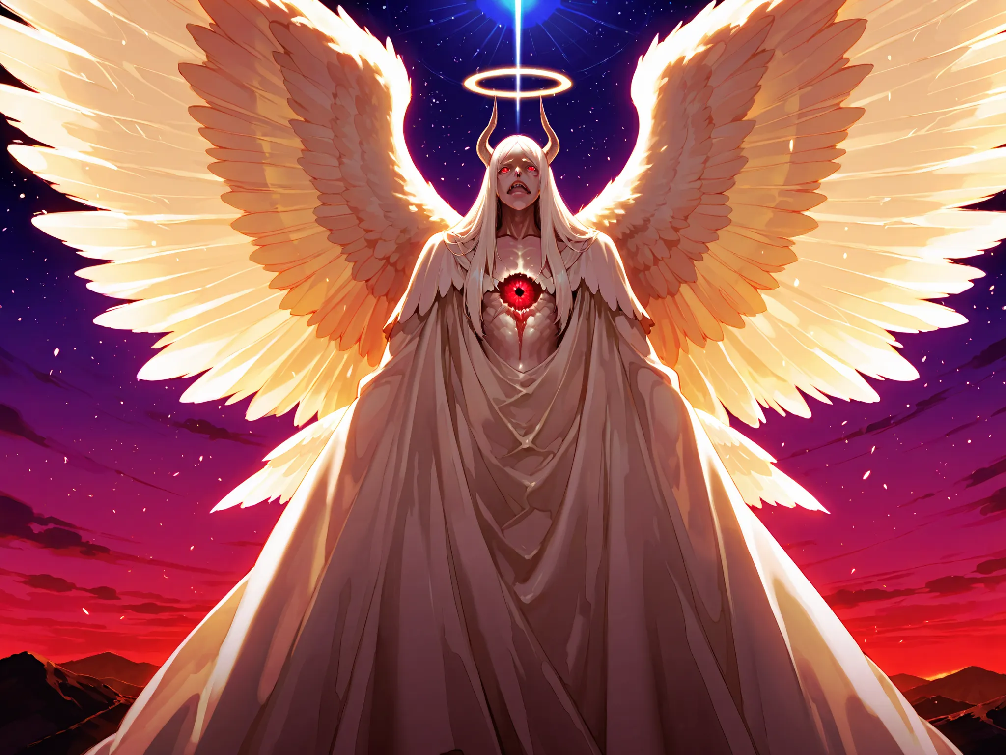(Wings), (Giant pure white monster), (Very ugly), (Horns), (Shining red eyes), (Giant shining angel halo), (Descending from the sky), (Horror), (Divine), (Solo),