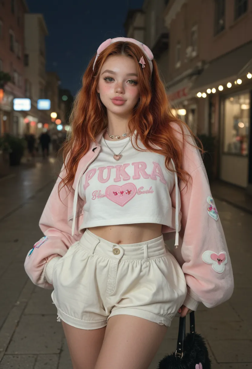 tiny ULTRA REALISTIC, cute girl, cute face, big green eyes, full lips, long orange red hair pink lock, skinny, huge breast, Extra huge ASS, thick thighs, pale skin, a lot of freckles, TINNY WAIST. Close-up face adorable Tokyo fashion outfit dress, oversize...