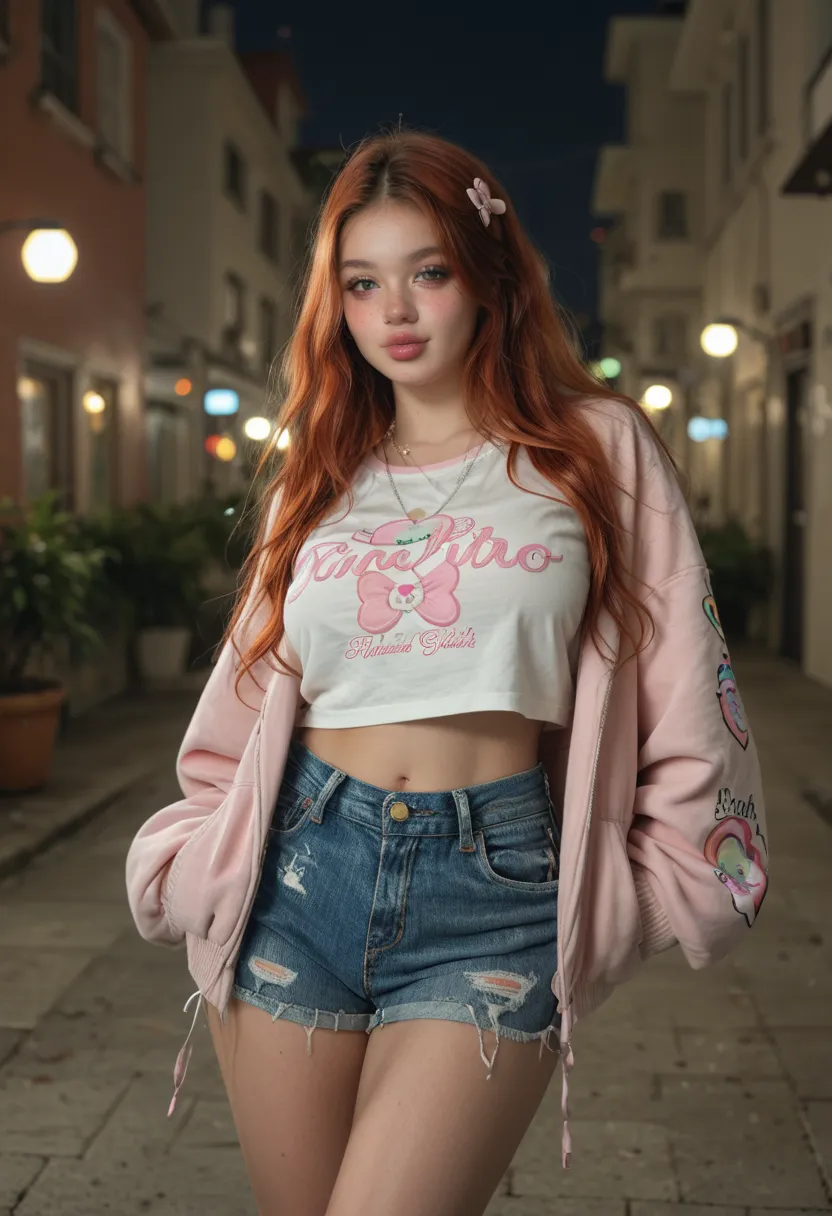 tiny ULTRA REALISTIC, cute girl, cute face, big green eyes, full lips, long orange red hair pink lock, skinny, huge breast, Extra huge ASS, thick thighs, pale skin, a lot of freckles, TINNY WAIST. Close-up face adorable Tokyo fashion outfit top, oversized ...