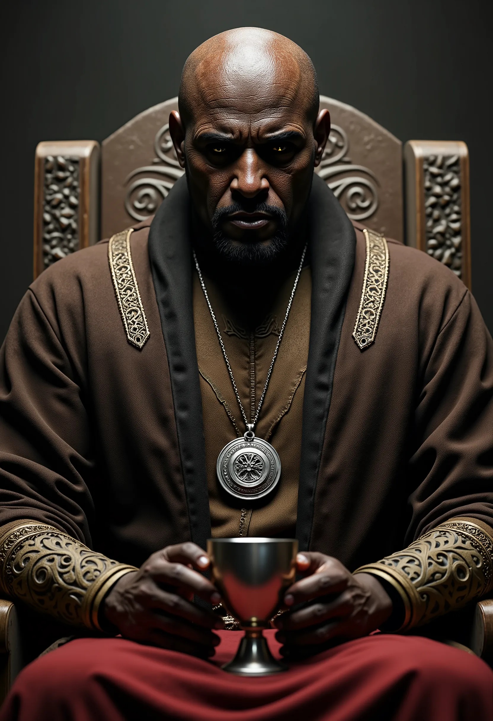 close up portrait of a black skinned, north african, bald man, 8 feet tall, large body, seated in what appears to be a throne-like chair within a stone structure. He has a serious expression and is looking slightly off to his right. His eyes were completel...