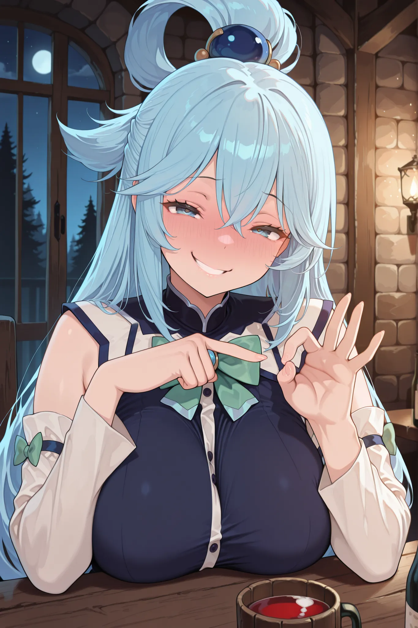 masterpiece, best quality, amazing quality, absurdres, highres,anime screencap, 1girl, AEAquaDef, blue eyes, blue hair, single hair ring, hair ornament, green bow, blue shirt, sleeveless, detached sleeves, White sleeves, curvy,large breasts,  drunk,Traven,...
