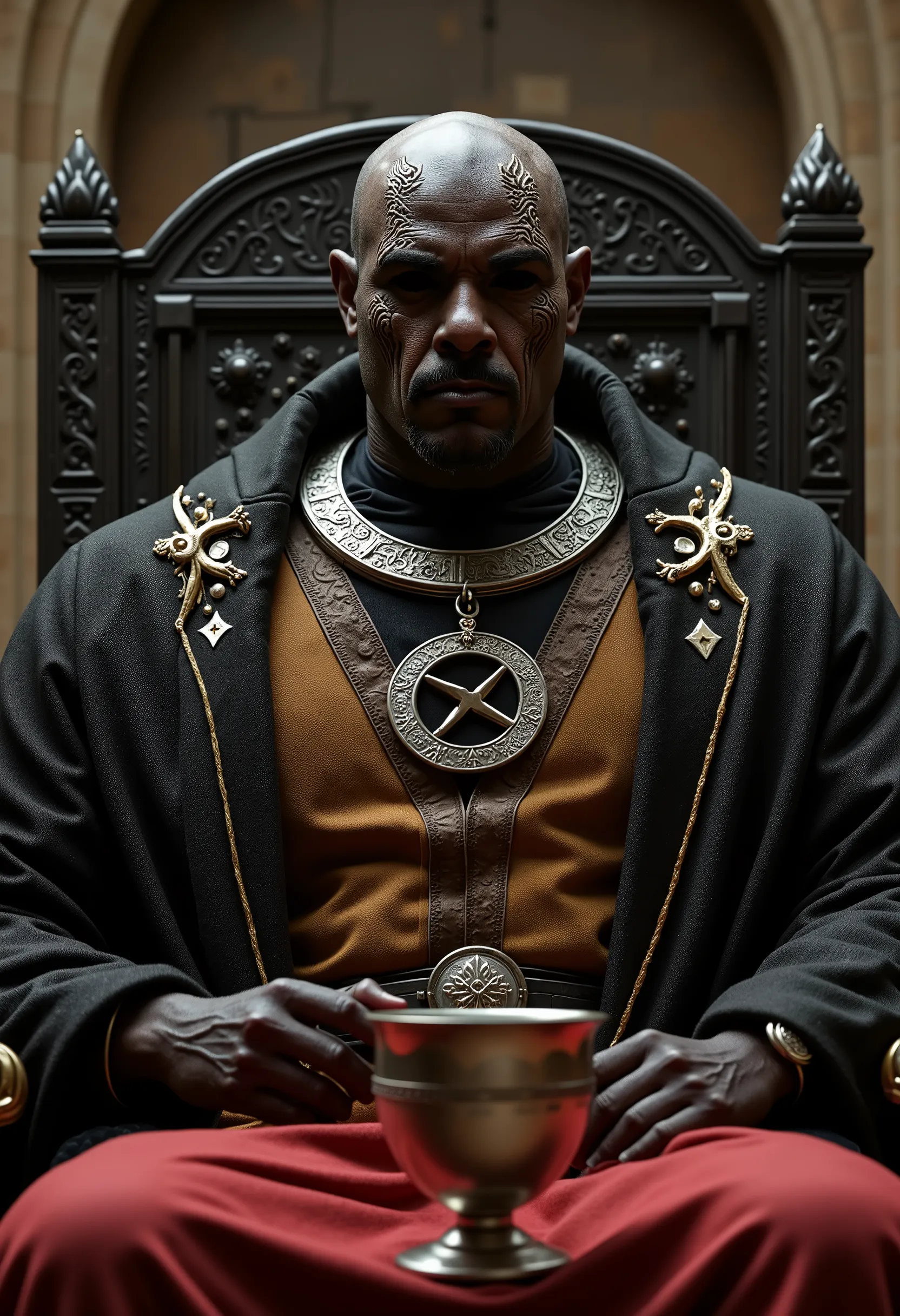 close up portrait of a black skinned, north african, bald man, 8 feet tall, large body, seated in what appears to be a throne-like chair within a stone structure. He has a serious expression and is looking slightly off to his right. His eyes were completel...