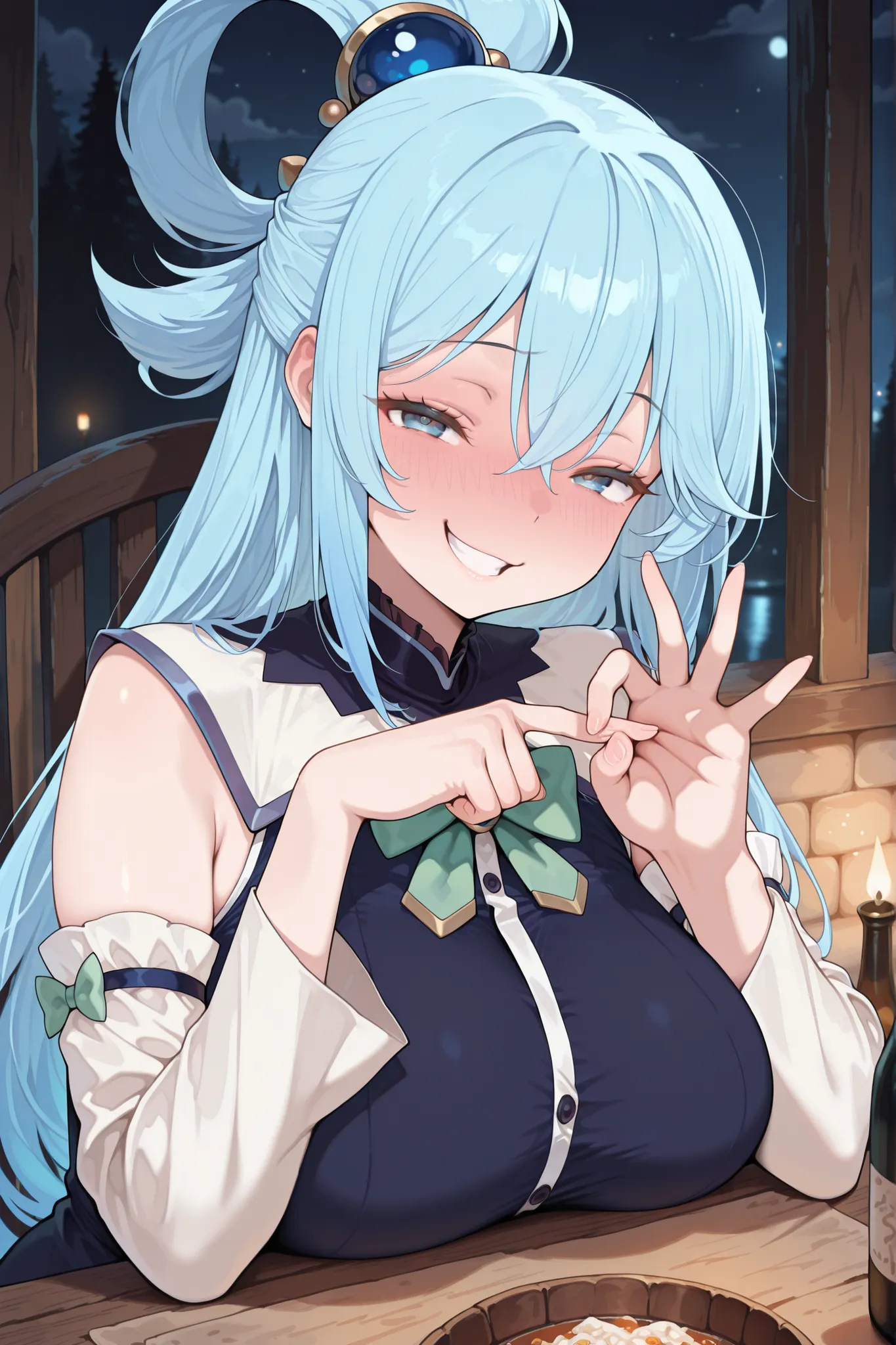 masterpiece, best quality, amazing quality, absurdres, highres,anime screencap, 1girl, AEAquaDef, blue eyes, blue hair, single hair ring, hair ornament, green bow, blue shirt, sleeveless, detached sleeves, White sleeves, curvy,large breasts,  drunk,Traven,...