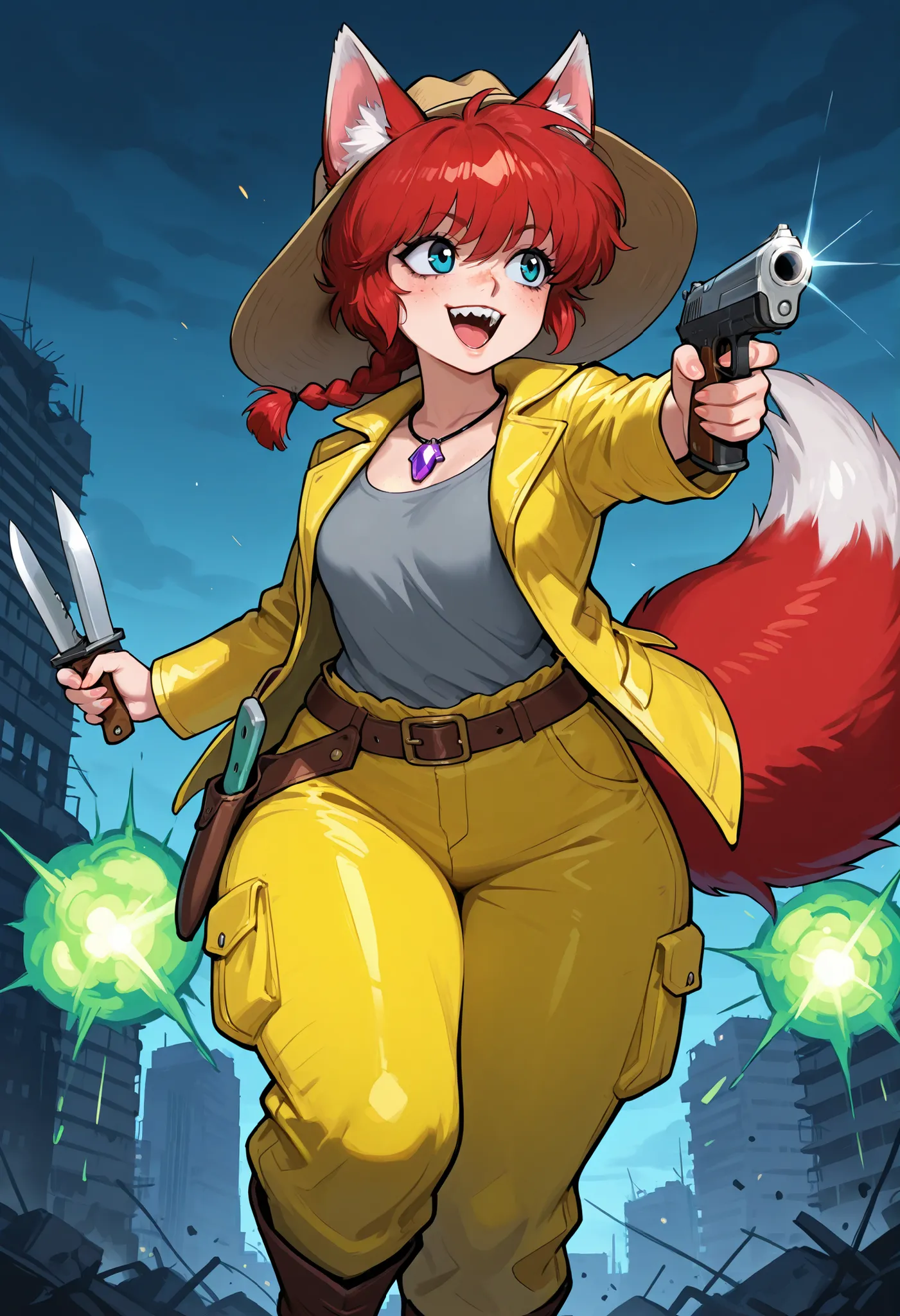 safe_pos, Ranma Saotome. red hair. pigtail. blue eyes. braid. small breasts. huge hips. necklace. black eyeliner. pink manicure. | masterpiece, best quality, 1girl, solo, mix of science fiction and cowboy western, cowboy hat, dieselpunk, atompunk, fallout ...