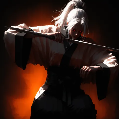 artist: wlop, masterpiece, best quality, illustration, a beautiful woman, white hair, ponytail, normal red eyes, detailed face, japanese clothes, female wearing red and white japanese dojo style clothes with high waist bottoms, tall-looking, fantasy, holdi...