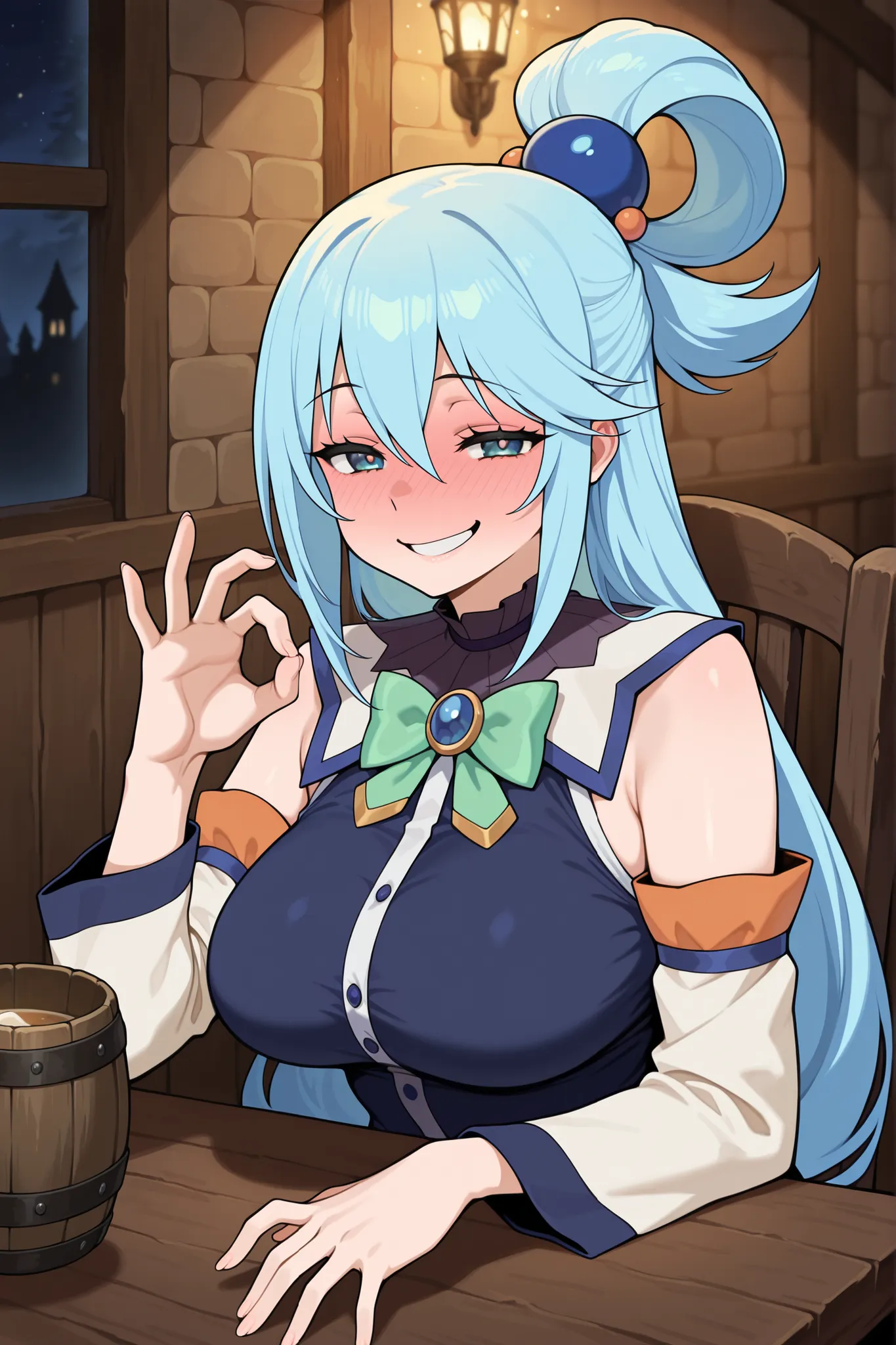 masterpiece, best quality, amazing quality, absurdres, highres,anime screencap, 1girl, AEAquaDef, blue eyes, blue hair, single hair ring, hair ornament, green bow, blue shirt, sleeveless, detached sleeves, White sleeves, curvy,large breasts,  drunk,Traven,...